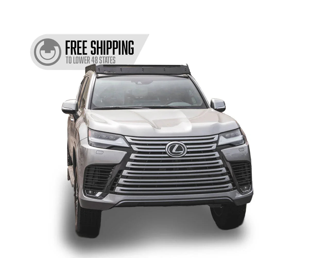 Front view of Lexus LX600 SUV with roof rack, overlanding vehicle accessory, free shipping badge