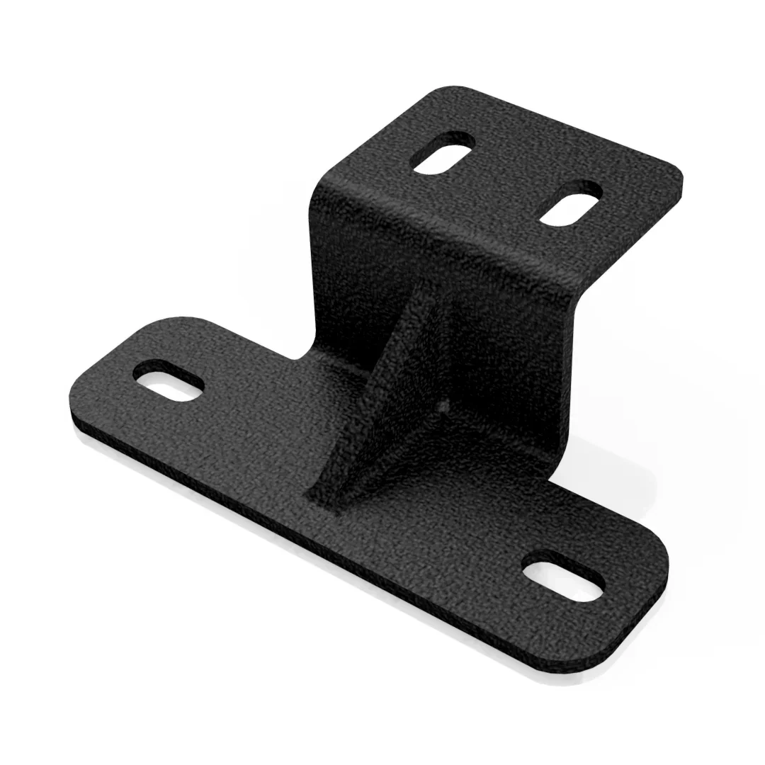 Powder-coated black steel mounting bracket with slotted holes for vehicle accessory installation