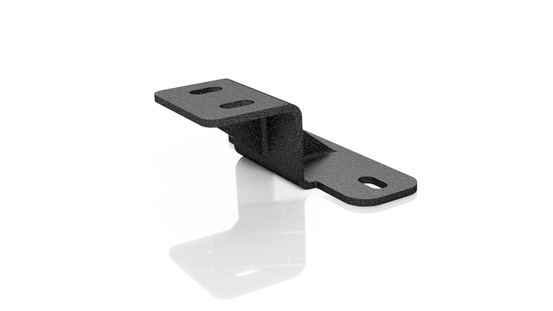 Textured black metal mounting bracket with slotted holes for overlanding vehicle accessories