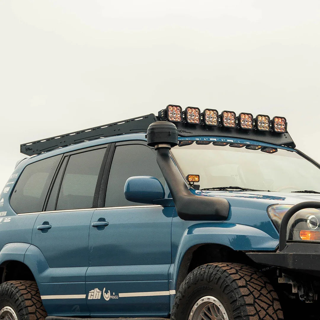 Lexus GX470 with Prinsu Pro roof rack and off-road LED lights, overland vehicle setup