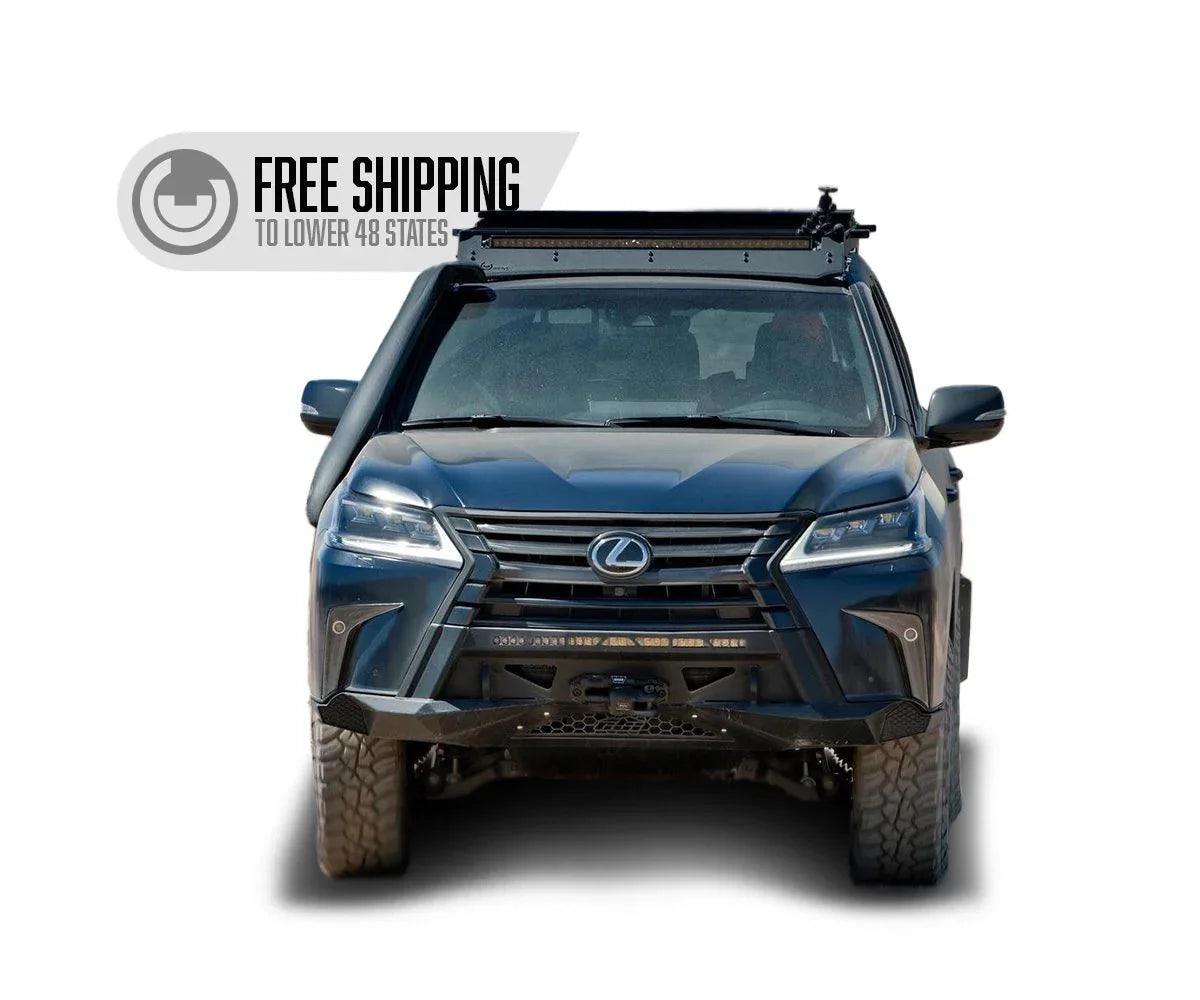 Front view of Lexus LX570 with Prinsu roof rack and off-road accessories