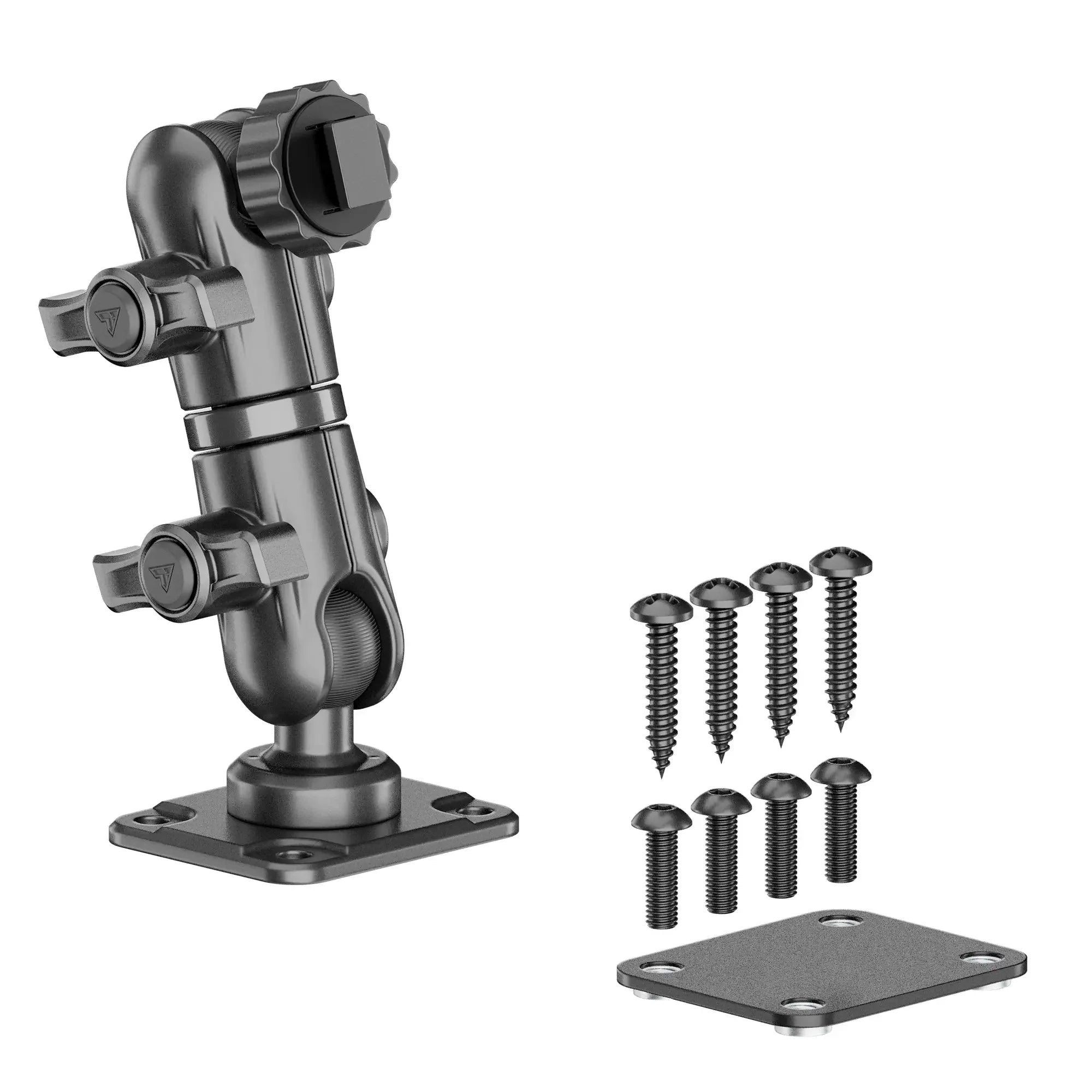 Adjustable black mounting bracket with screws and metal plate for vehicle accessories