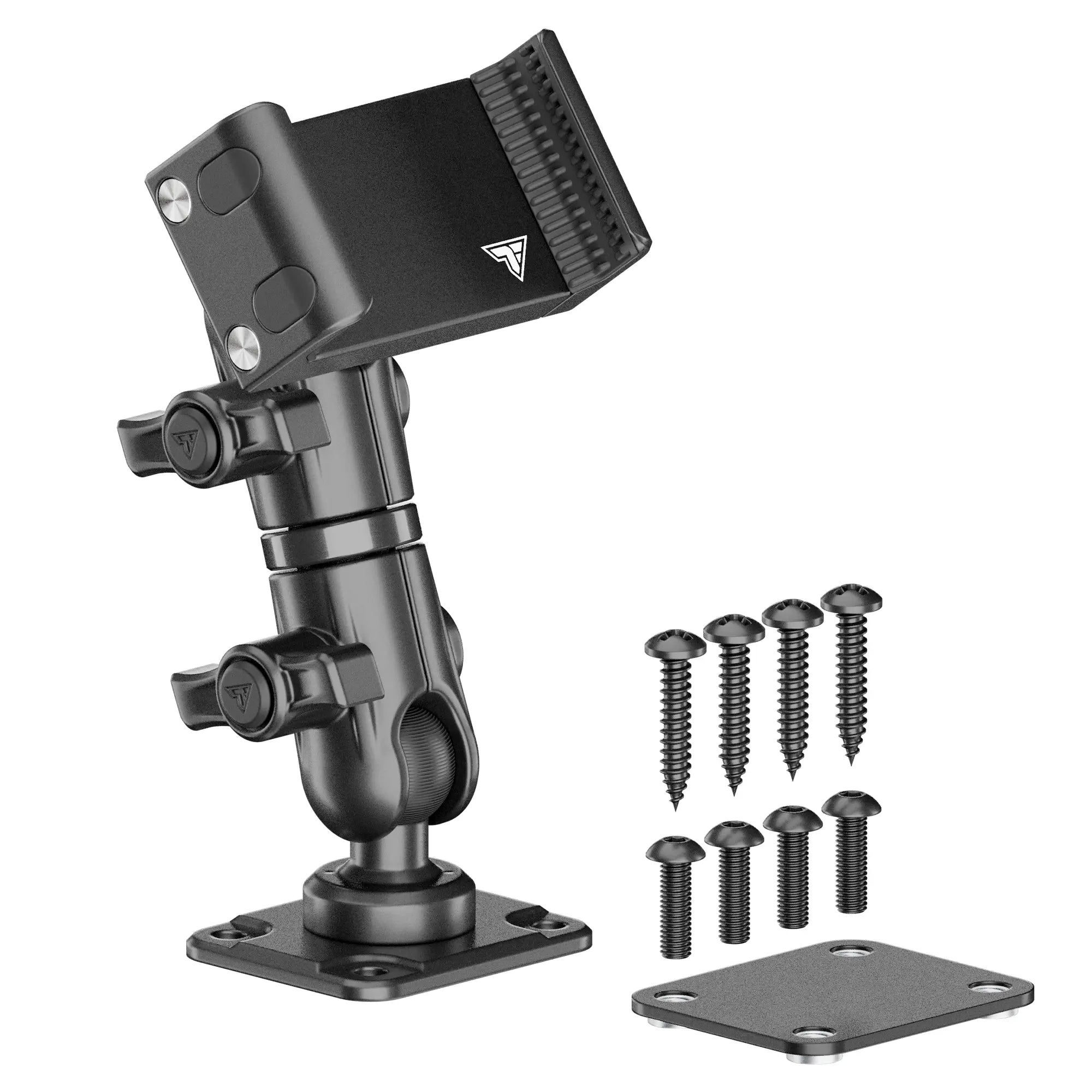 Adjustable black metal phone or device mount with screws and mounting plates for vehicles