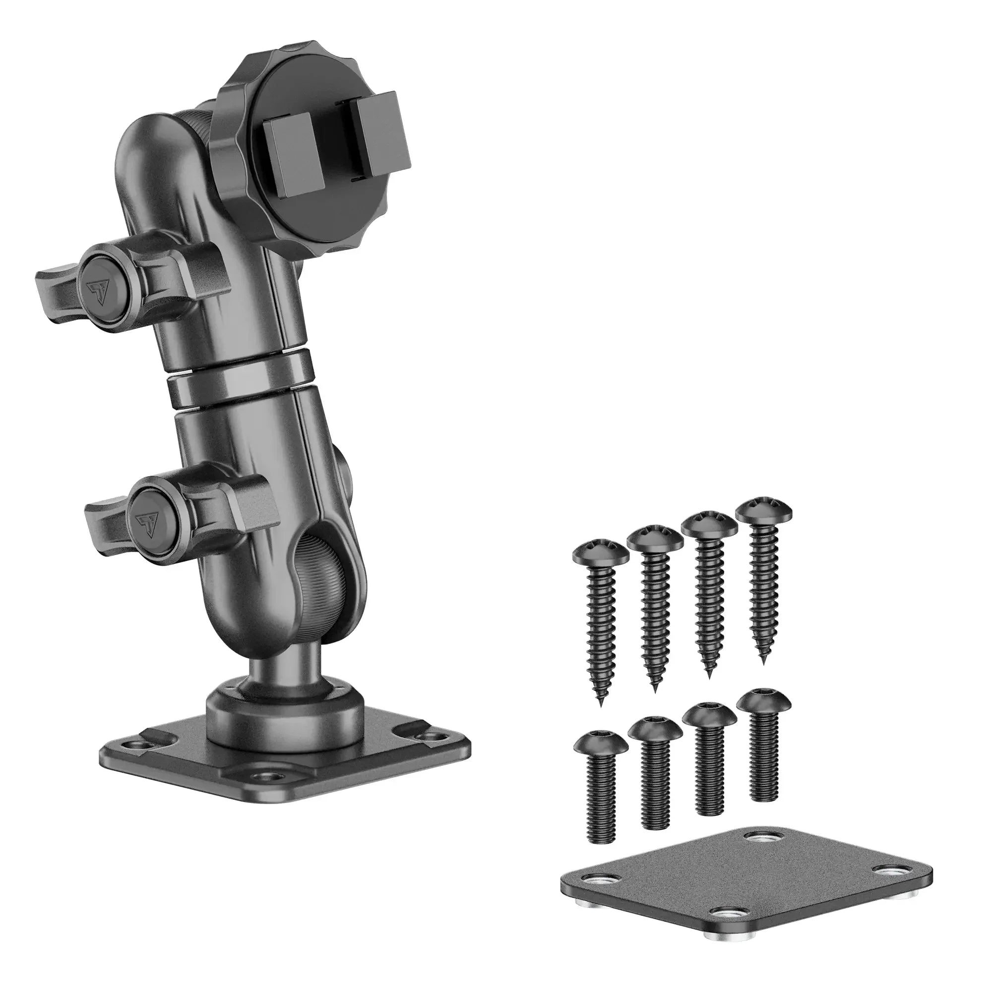 Black adjustable mounting bracket arm with base plates and installation screws, ideal for vehicle accessories.