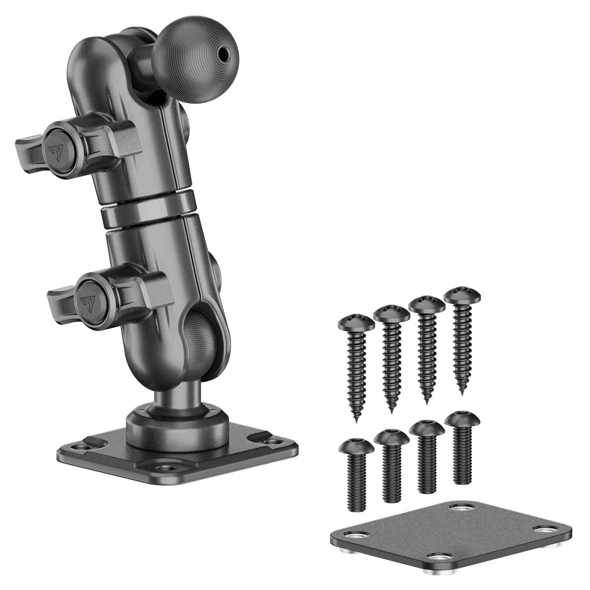 Adjustable mounting bracket with base plates and screws set for vehicle accessories.