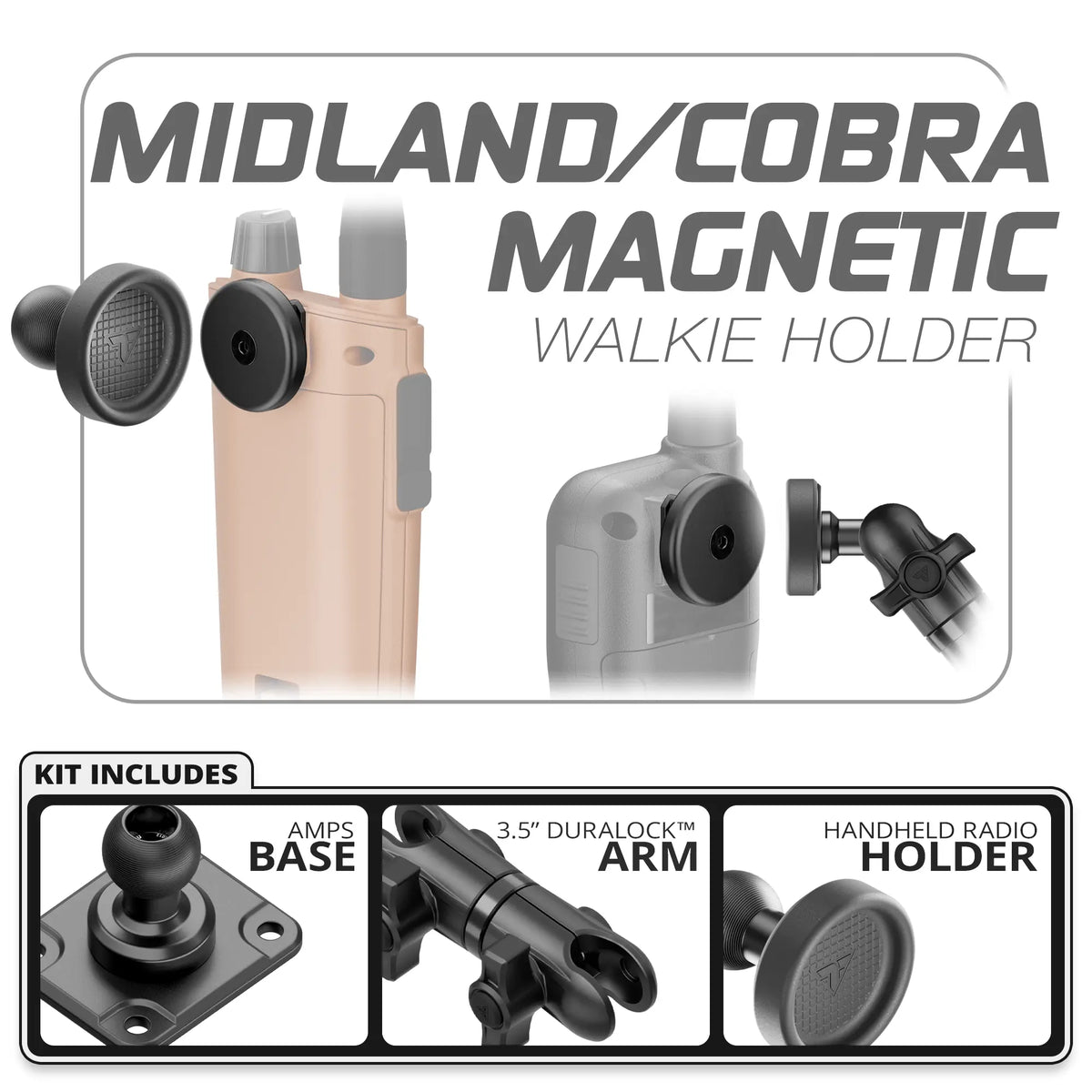 Tackform Midland and Cobra magnetic handheld radio holder, Fast AMPS base and 3.5" arm, universal fit