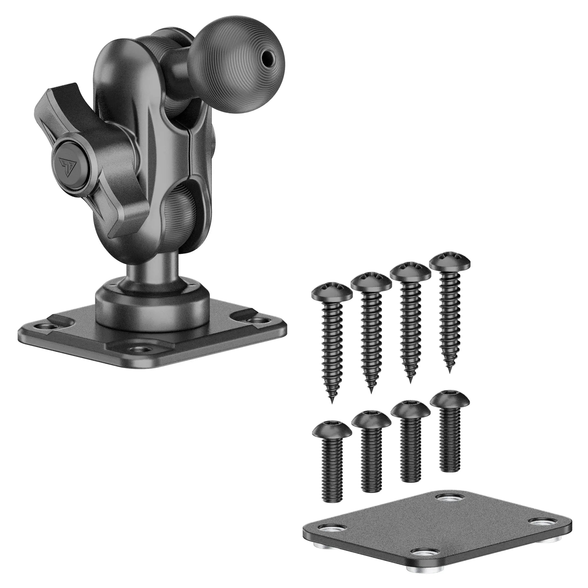 Adjustable black metal mounting bracket kit with screws and base plates for vehicle accessories.