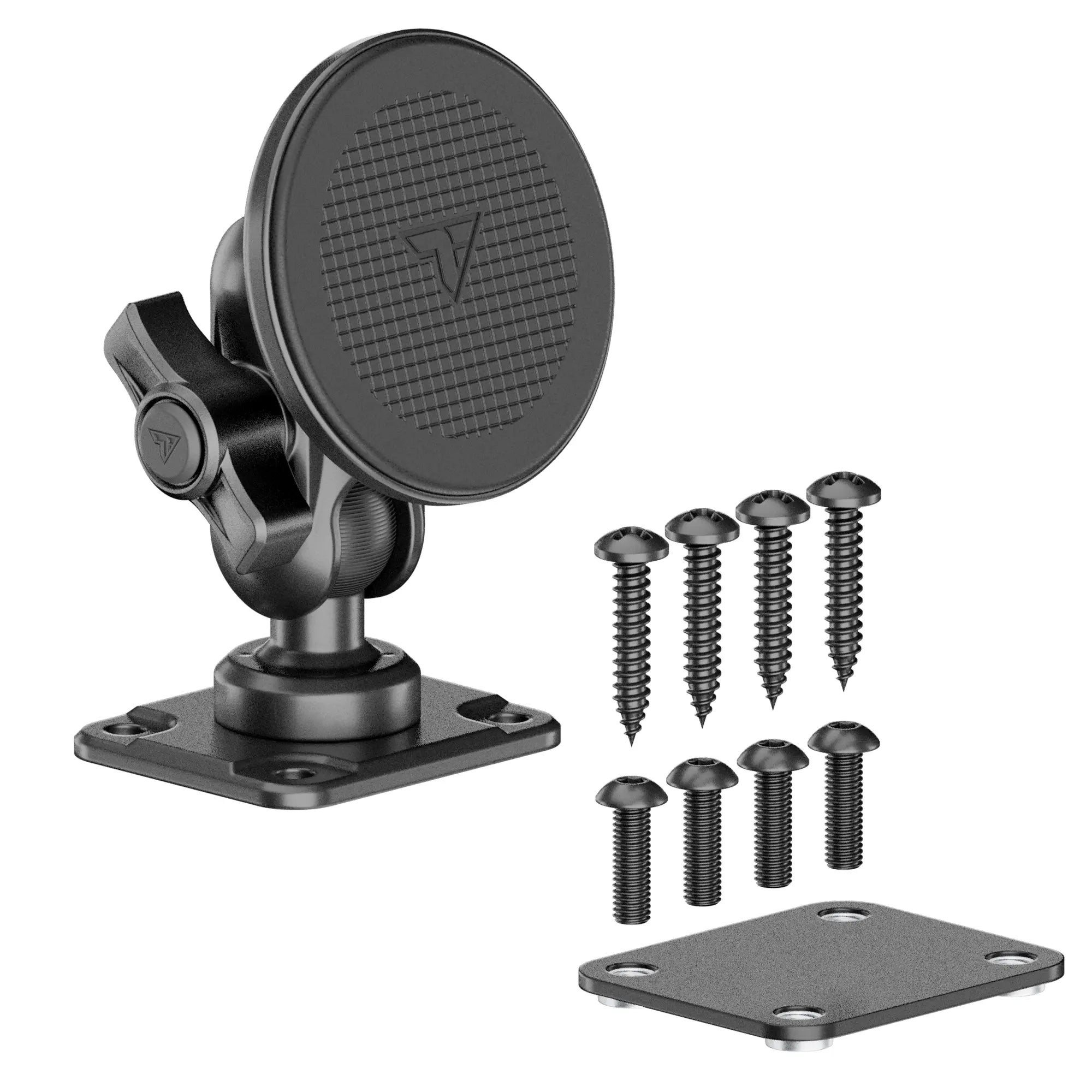 Black magnetic phone mount kit with screws and mounting plates for vehicle dashboards