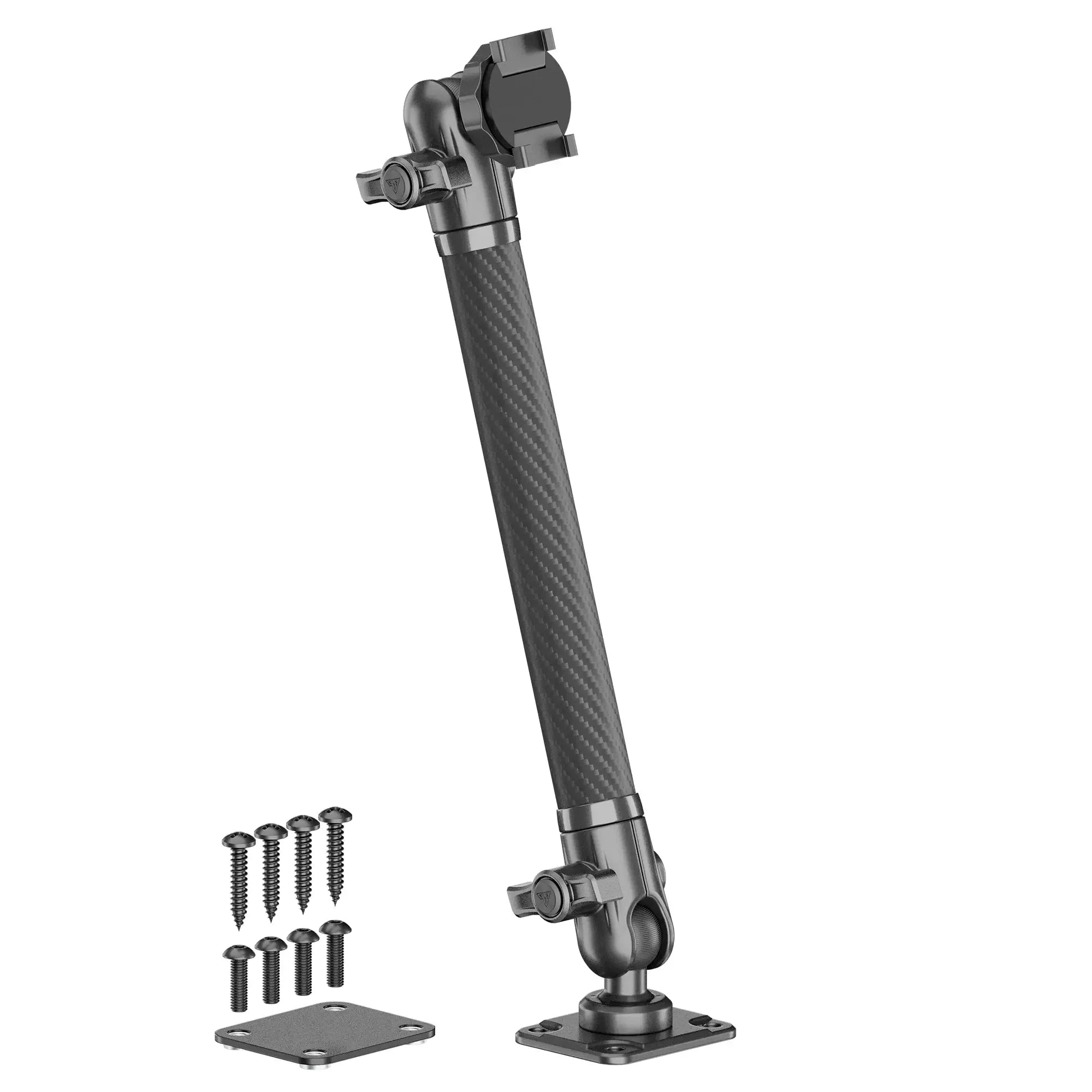 Adjustable black mounting support arm with base plates and screws for vehicle accessories