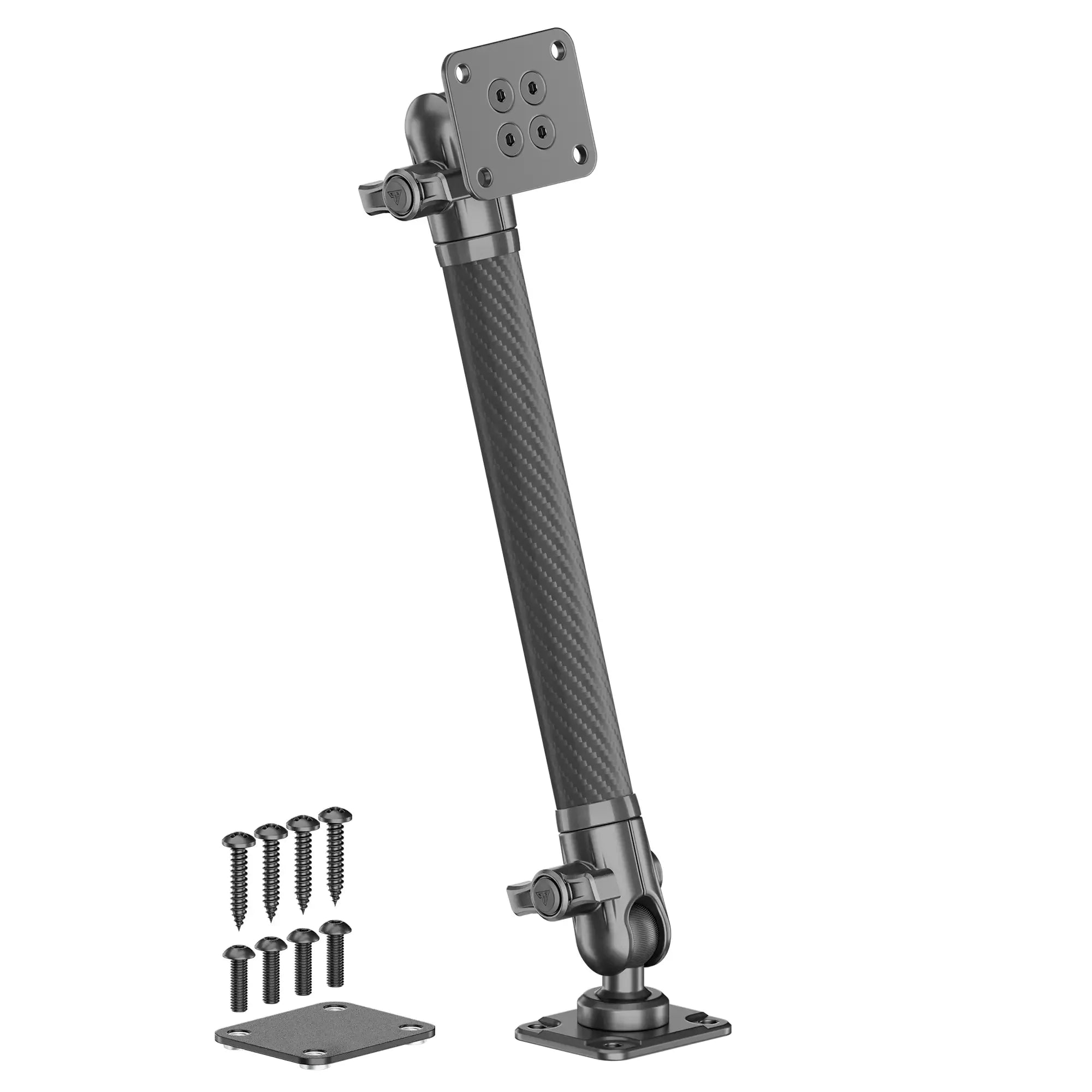 Adjustable vehicle accessory mounting arm with screws and base plates for overlanding