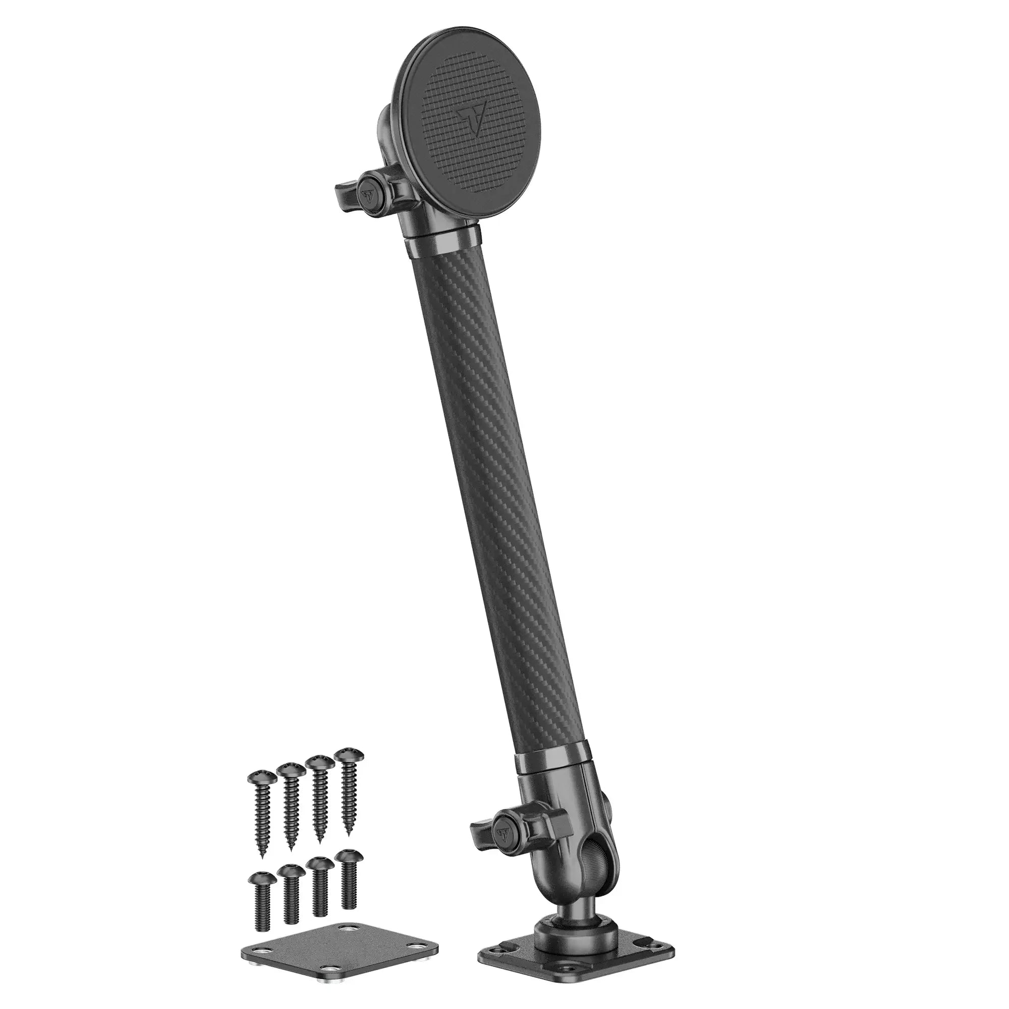 Adjustable carbon fiber vehicle accessory mounting arm with screws and base plates