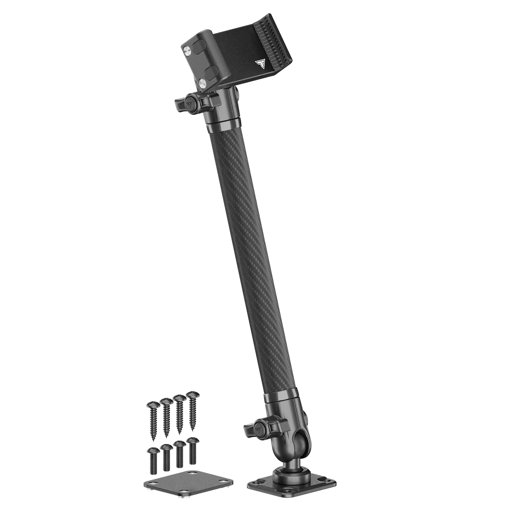 Adjustable carbon fiber awning support pole with mounting plates and screws for off-road vehicles.