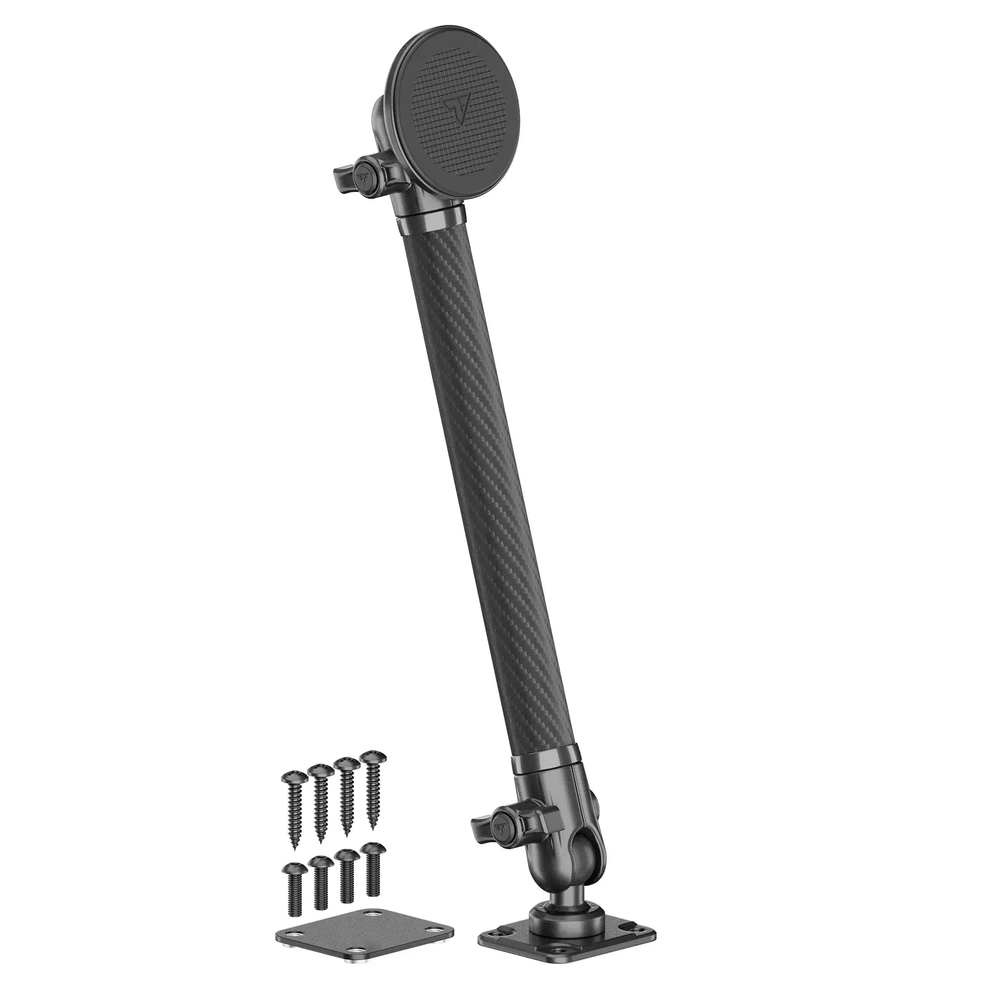 Adjustable carbon fiber vehicle mount arm with ball joint, mounting plates, and screws