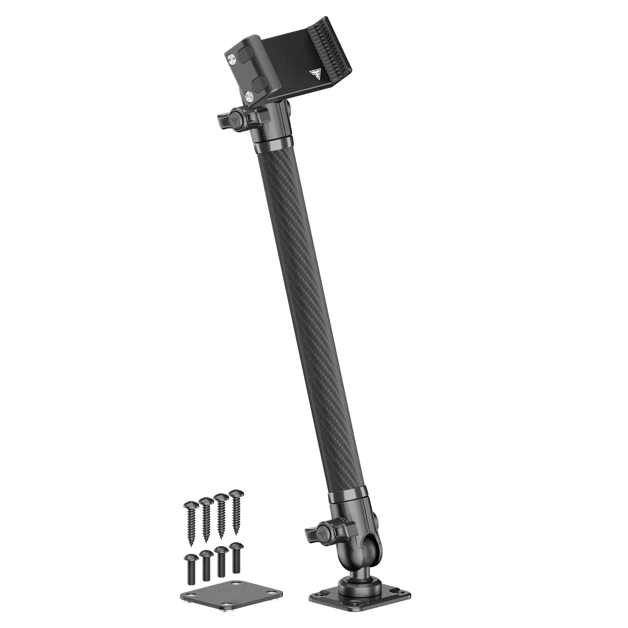 Adjustable black carbon fiber awning pole with mounting hardware for overlanding vehicles