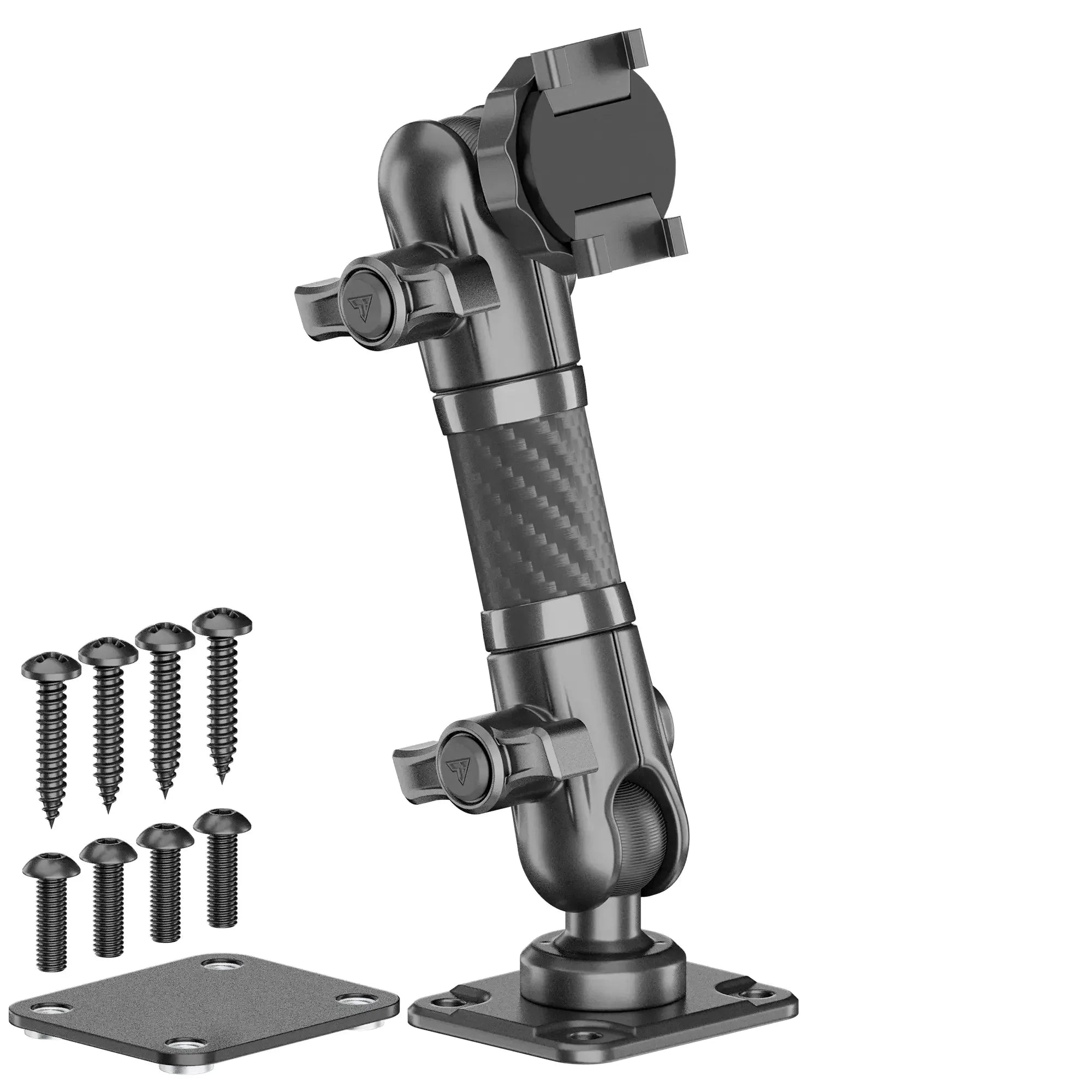 Adjustable vehicle accessory mounting arm with screws and base plates for overlanding gear