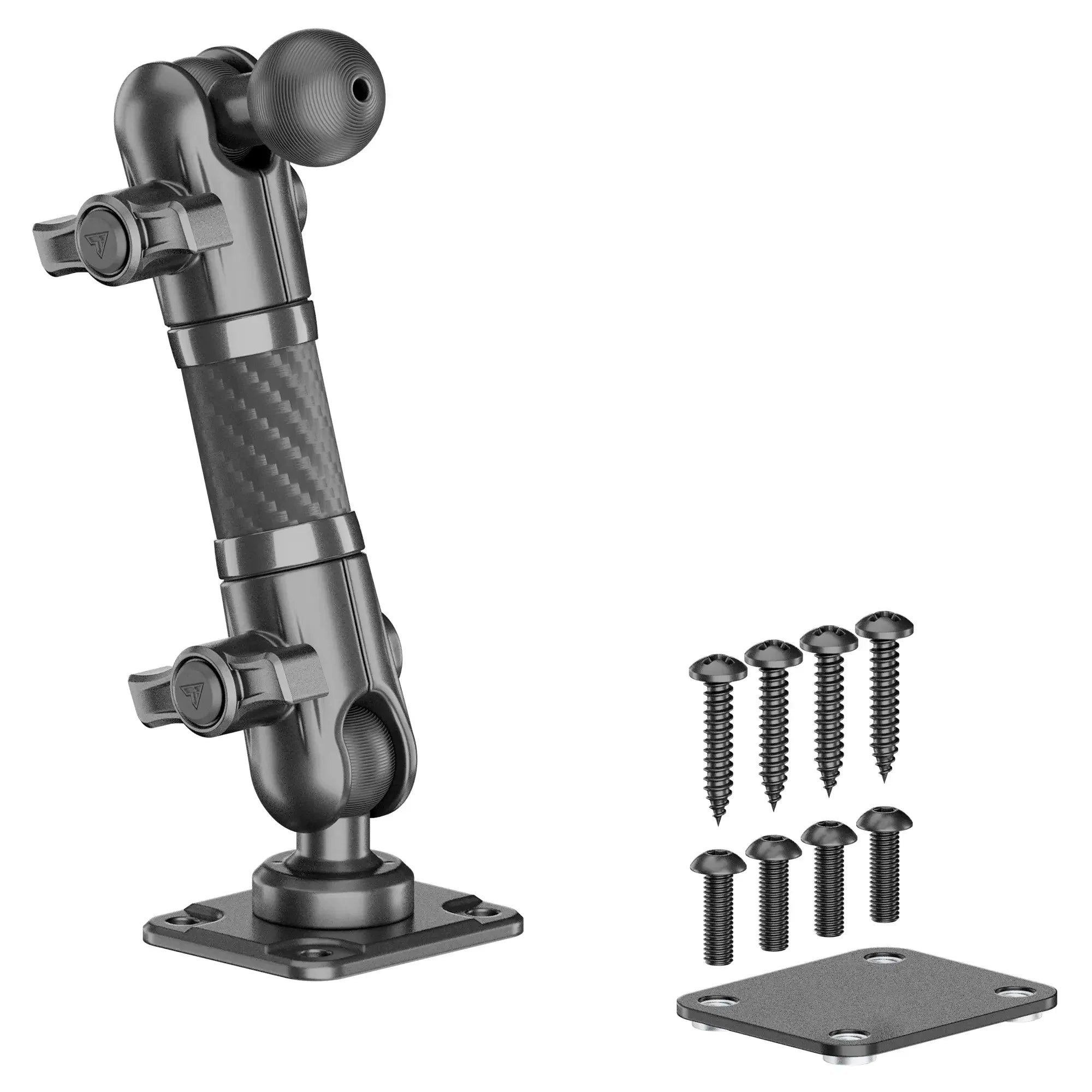 Adjustable carbon fiber mounting arm with base plate and screws for vehicle interiors