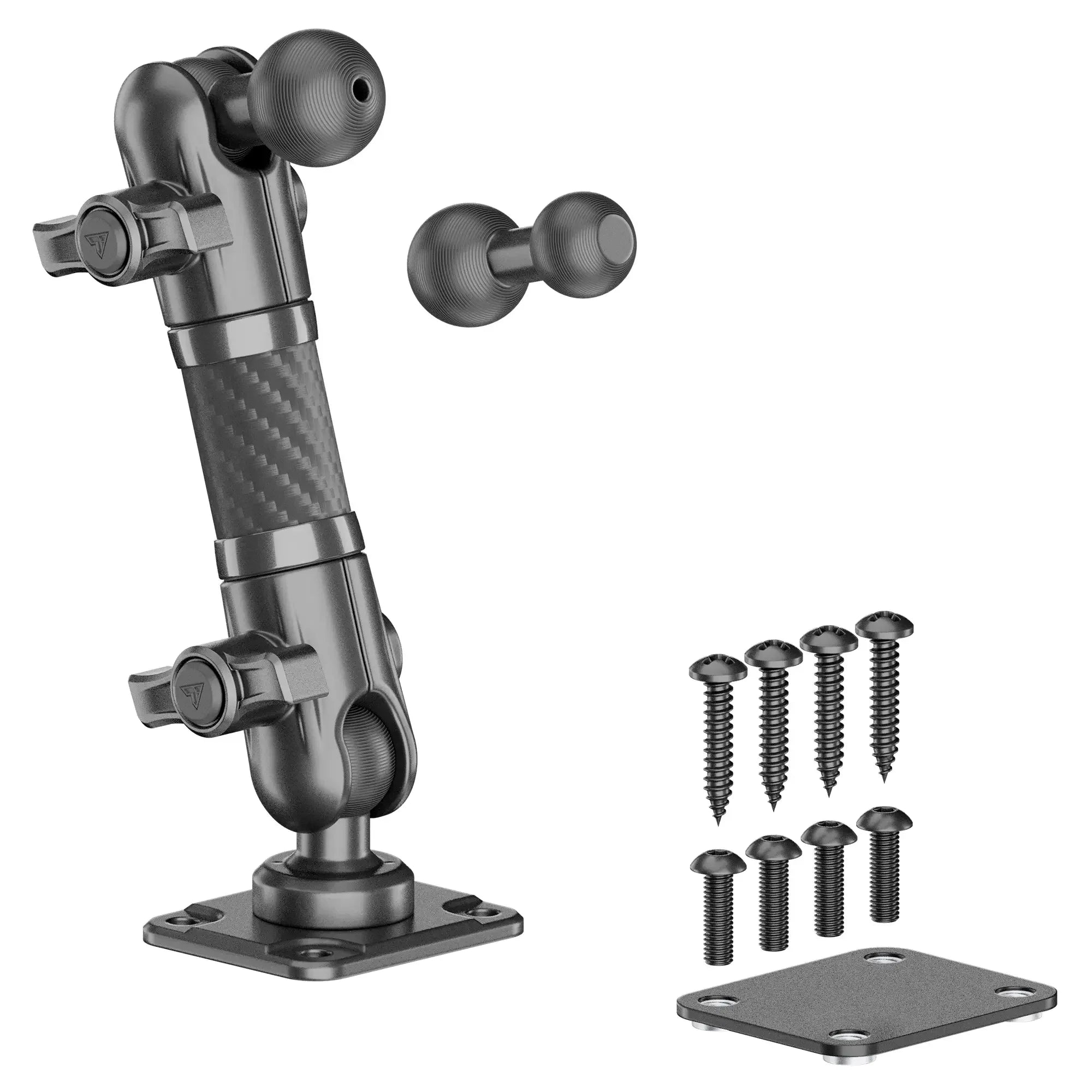 Adjustable aluminum accessory mounting arm with screws and base plate for vehicle gear