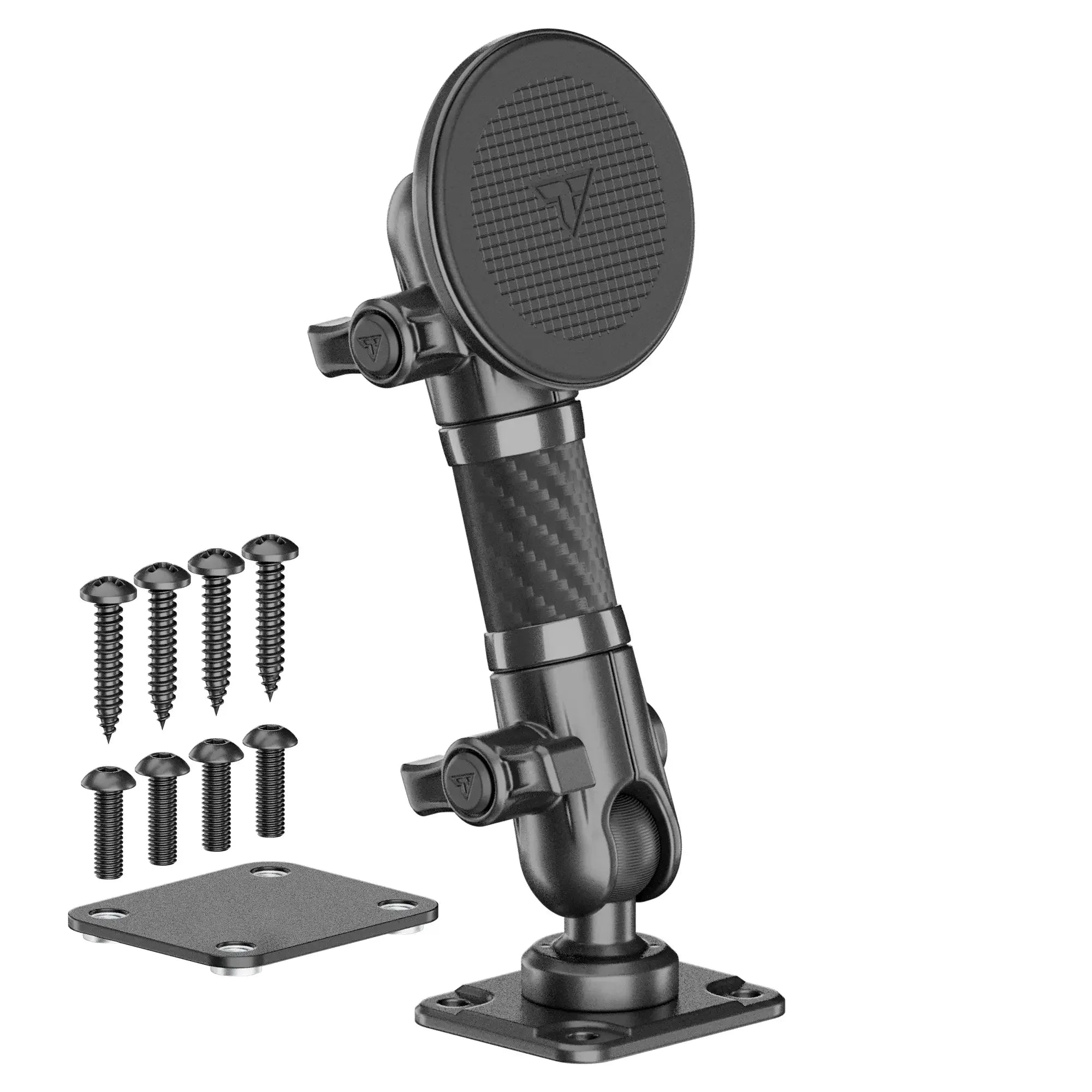 Heavy-duty adjustable vehicle device mount with screws and metal base plate for off-road use