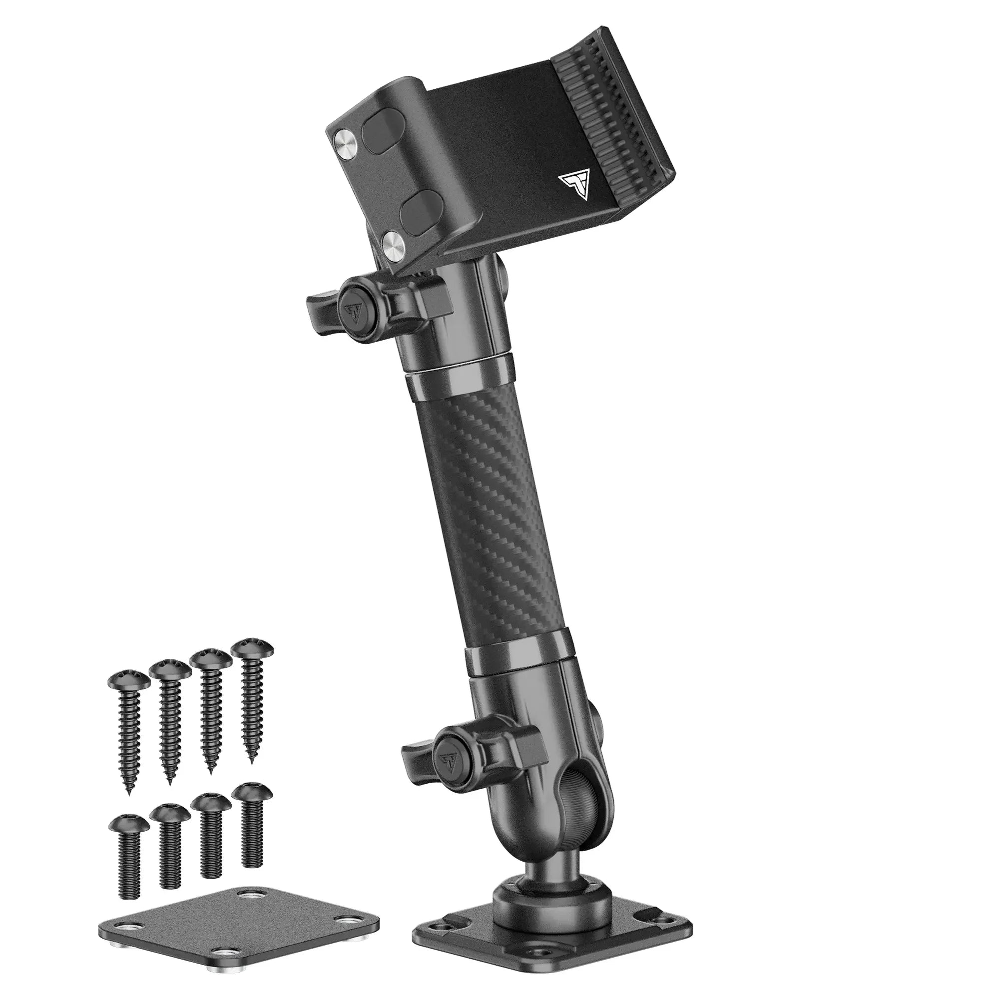 Adjustable carbon fiber off-road device mount with base plates and screws
