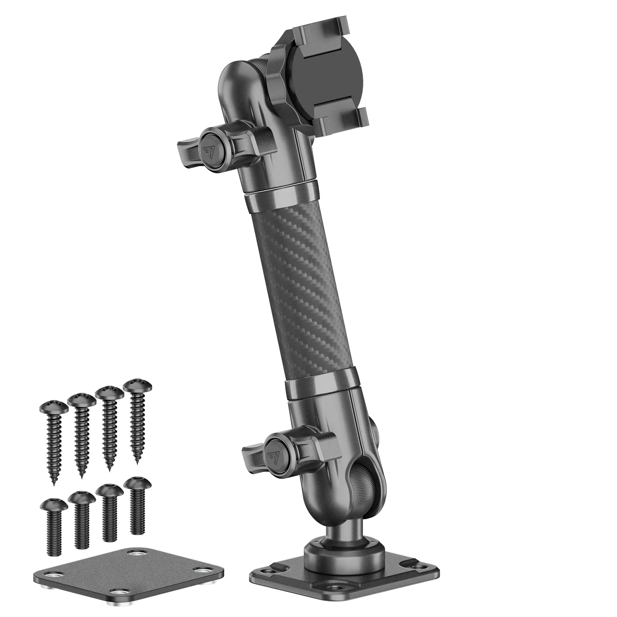 Adjustable carbon fiber mounting arm with base plates and screws for vehicle accessories