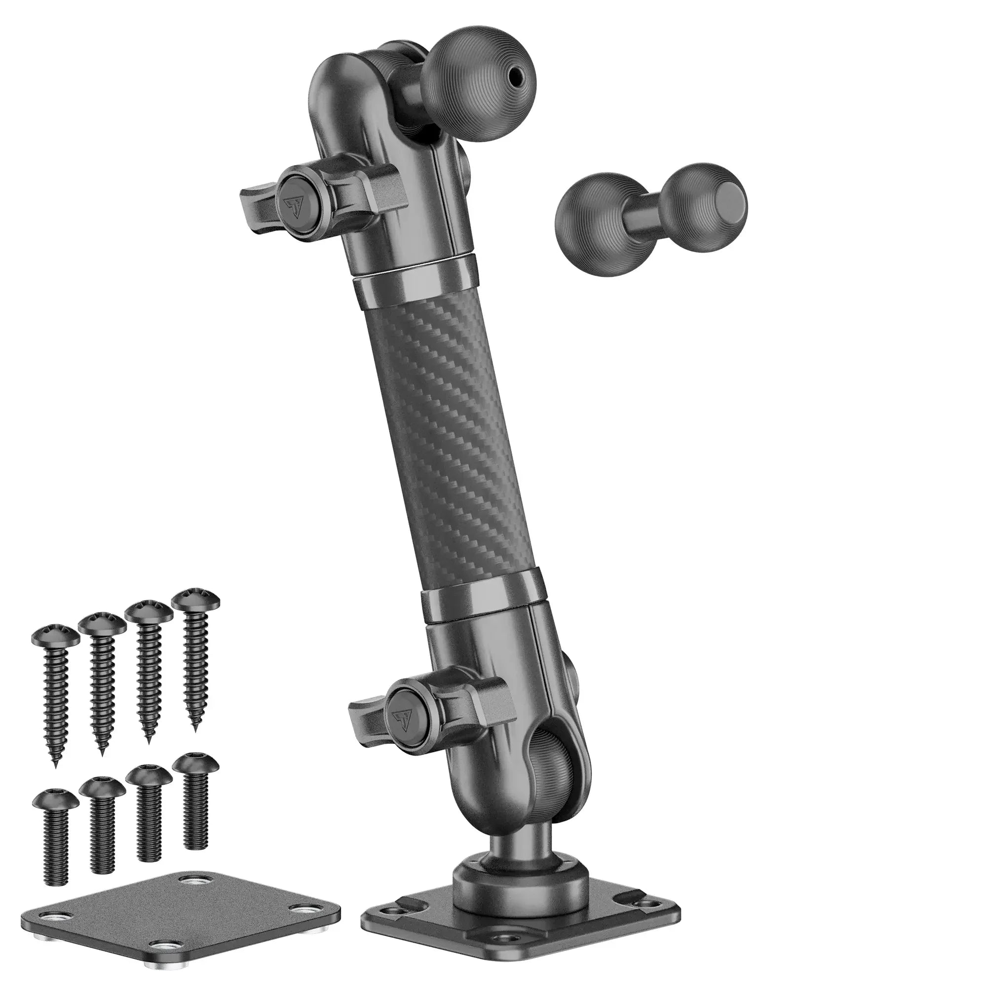 Adjustable carbon fiber mounting arm kit with ball joints, base plates, and screws for vehicles