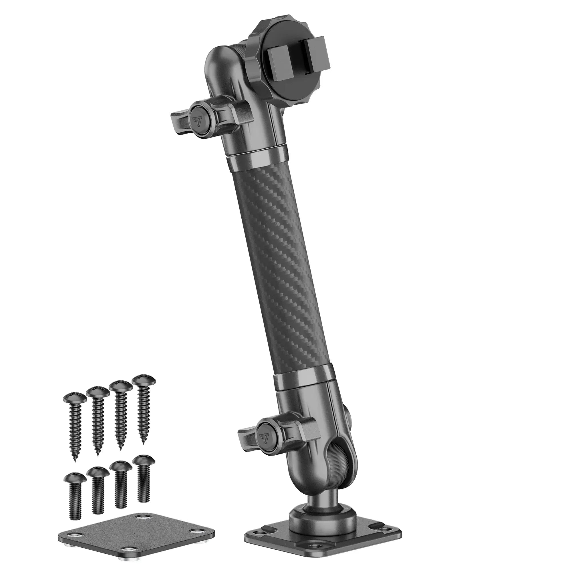 Adjustable carbon fiber mounting arm with base plates and screws for vehicle accessory installation