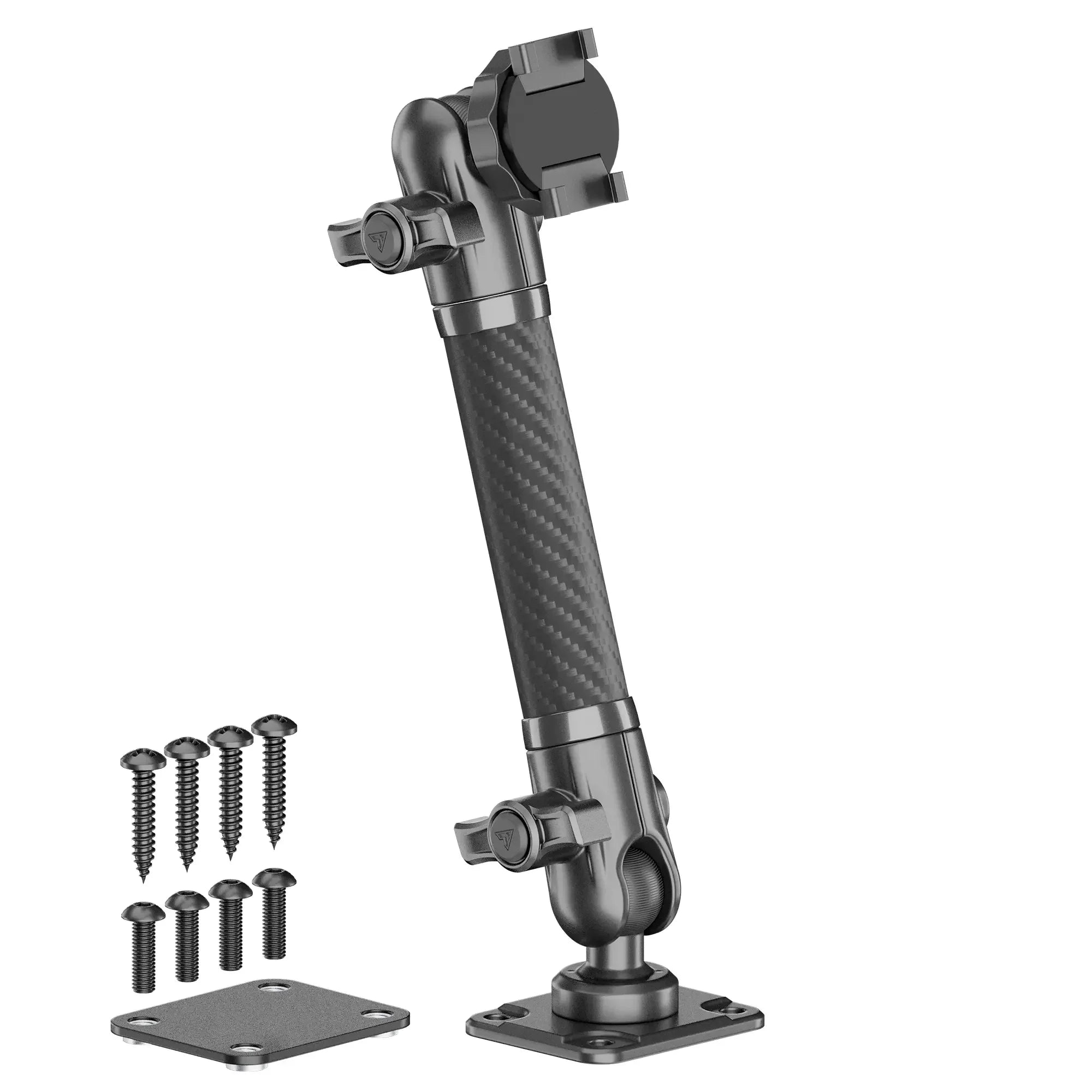 Adjustable carbon fiber mounting arm with screws and base plates for overlanding gear
