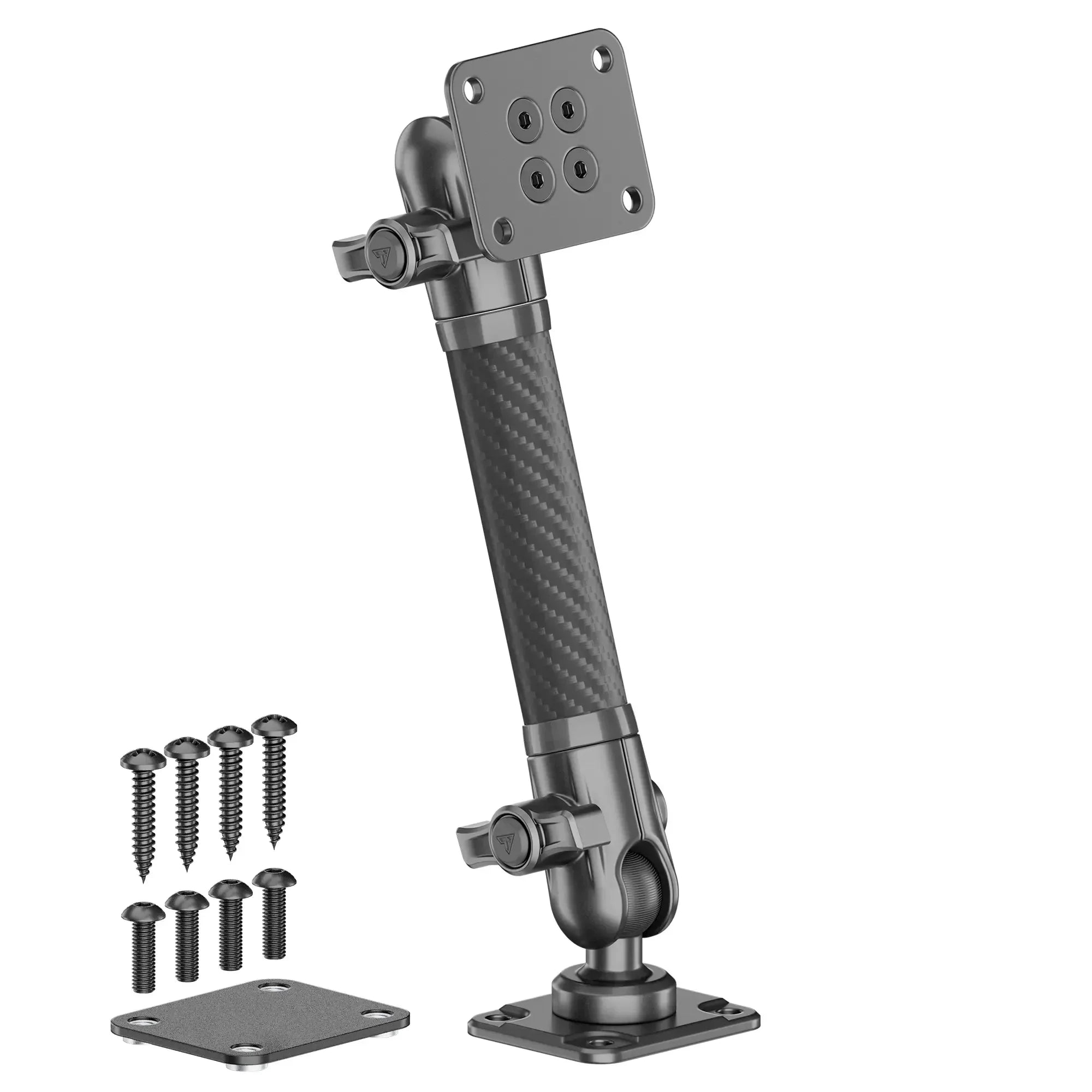 Adjustable carbon fiber mounting arm with screws and mounting plates for vehicle accessories