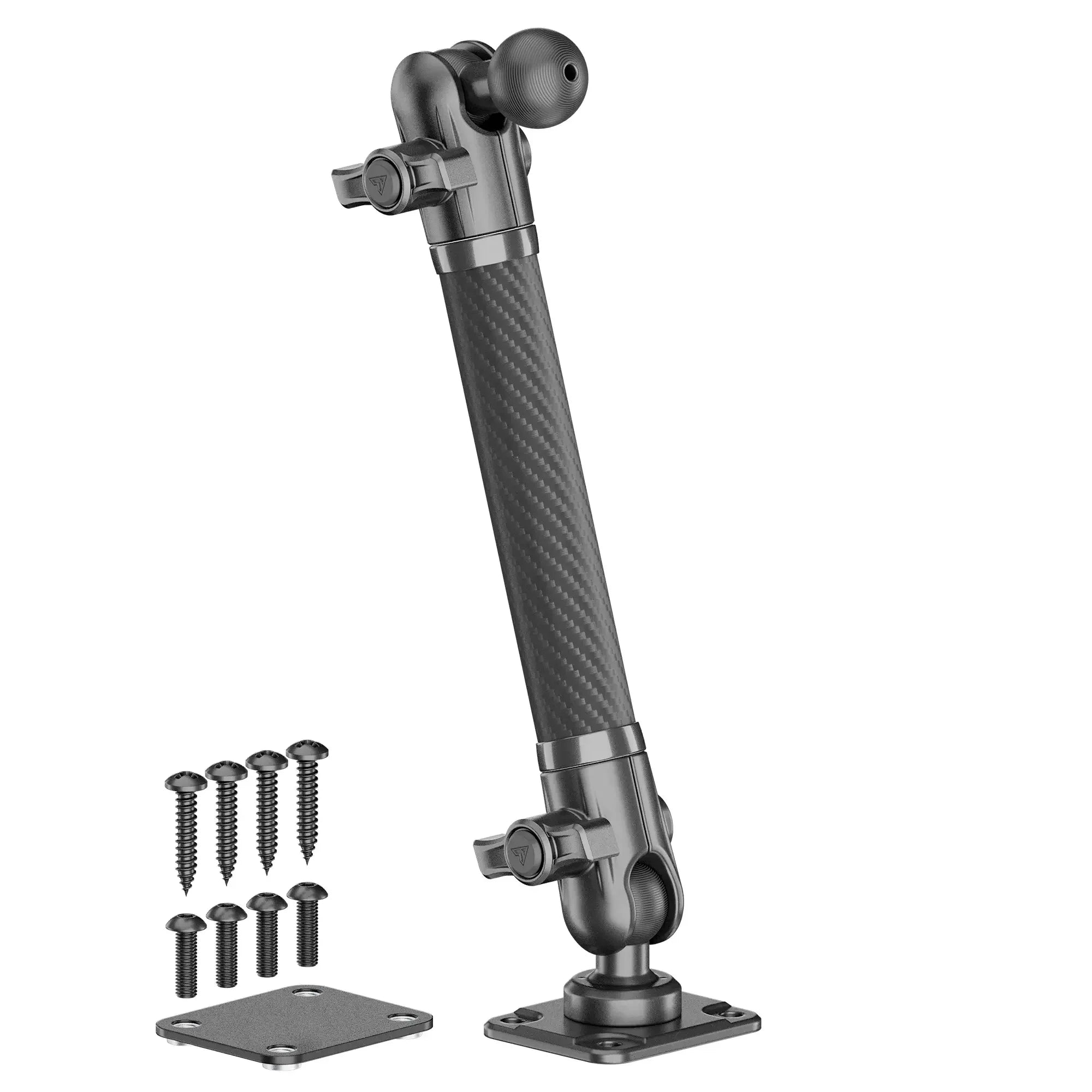 Adjustable carbon fiber mounting arm with ball joint, base plates, and screws for vehicle accessories