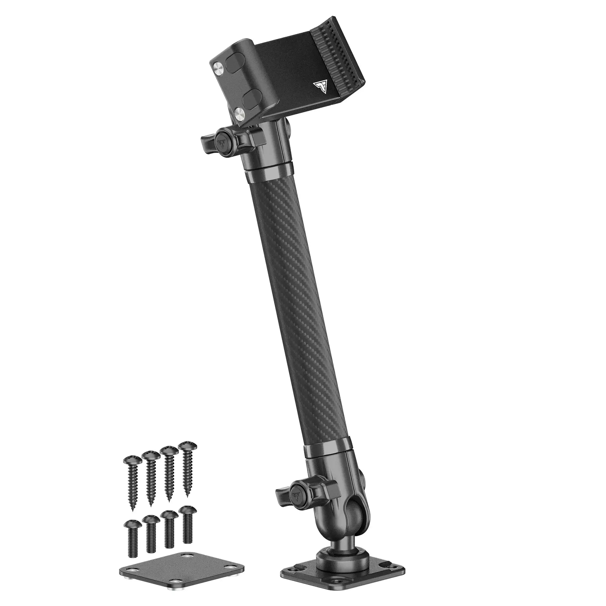 Adjustable black carbon fiber vehicle mounting arm with screws and mounting plates