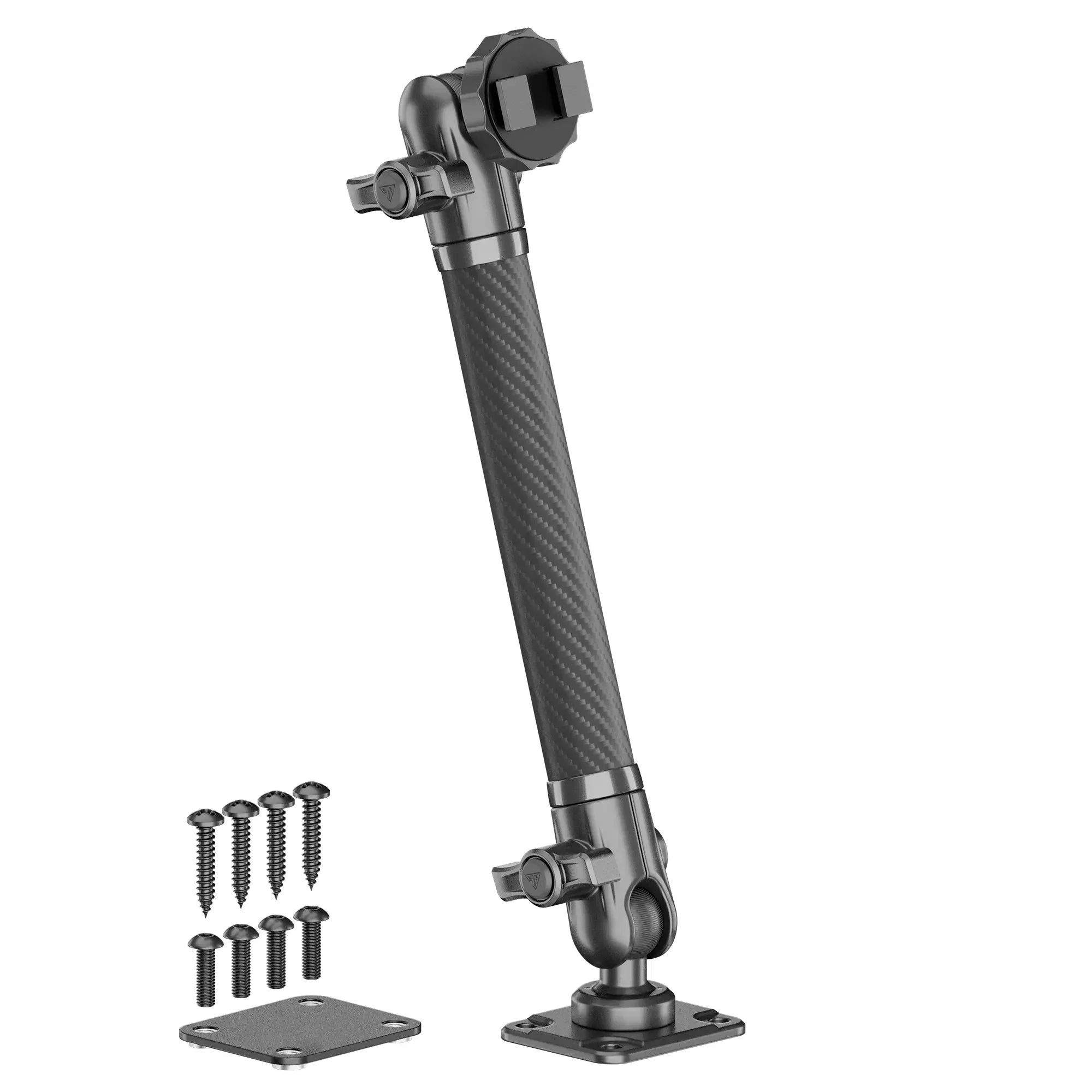 Adjustable carbon fiber vehicle accessory mounting arm with screws and base plates