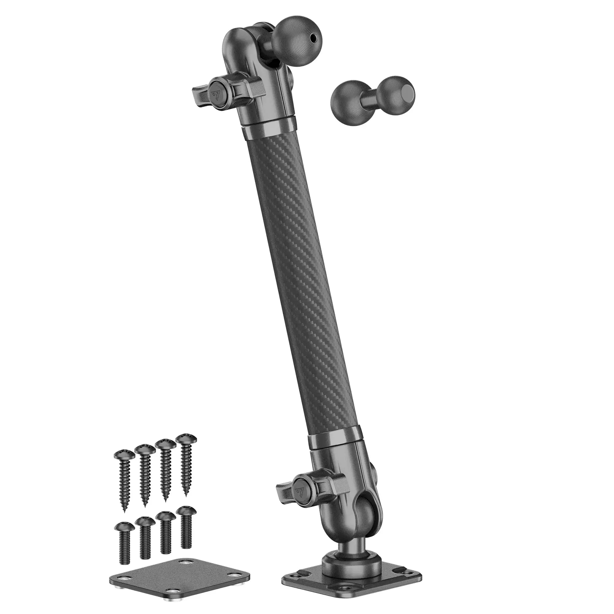 Carbon fiber adjustable mounting arm with base plates and screws for vehicle accessories