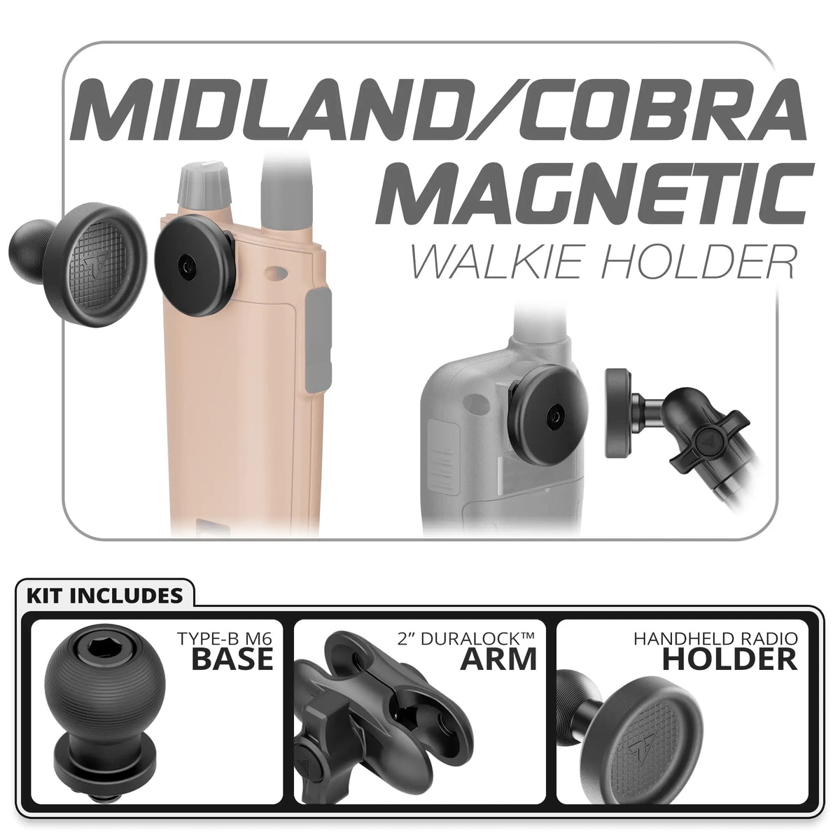Tackform Midland and Cobra magnetic handheld radio holder, 20mm Type-B base and 2" arm, universal fit