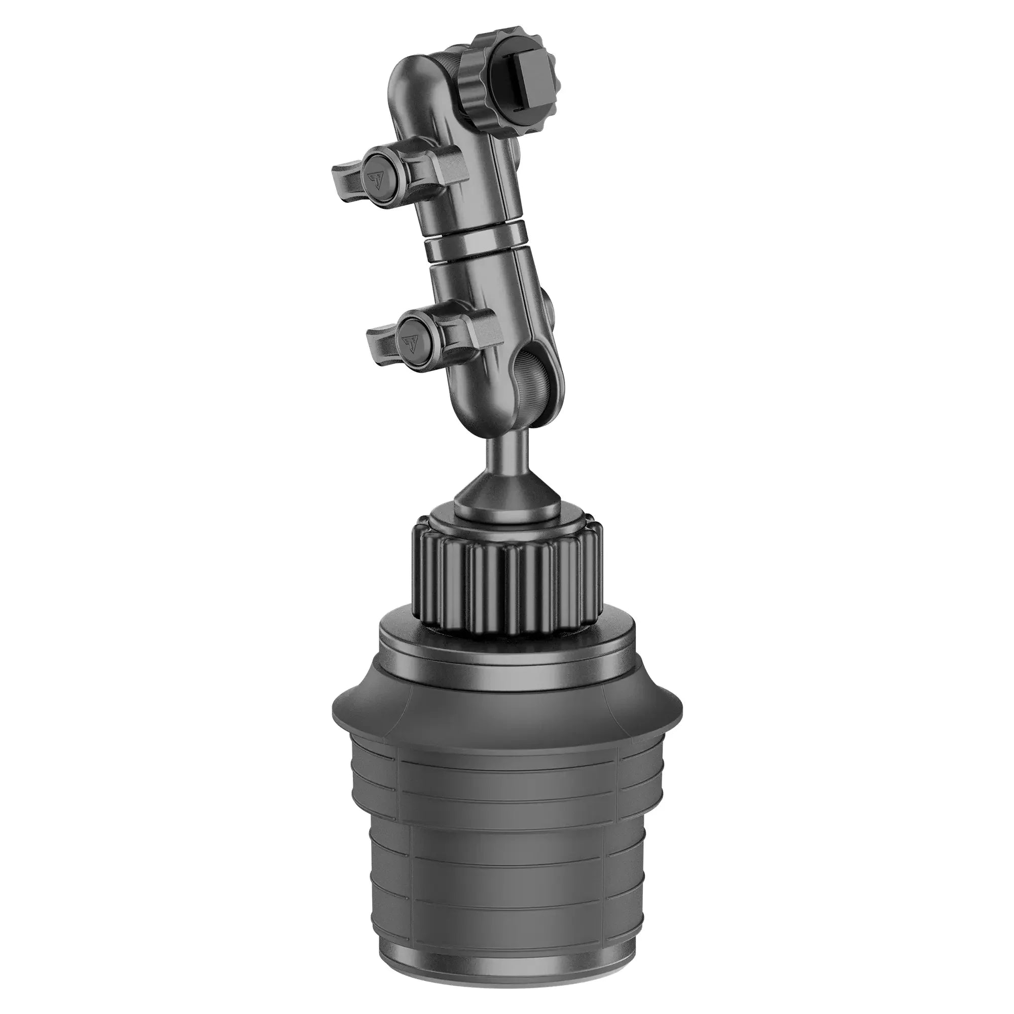 Adjustable black overlanding vehicle accessory mounting arm on white background
