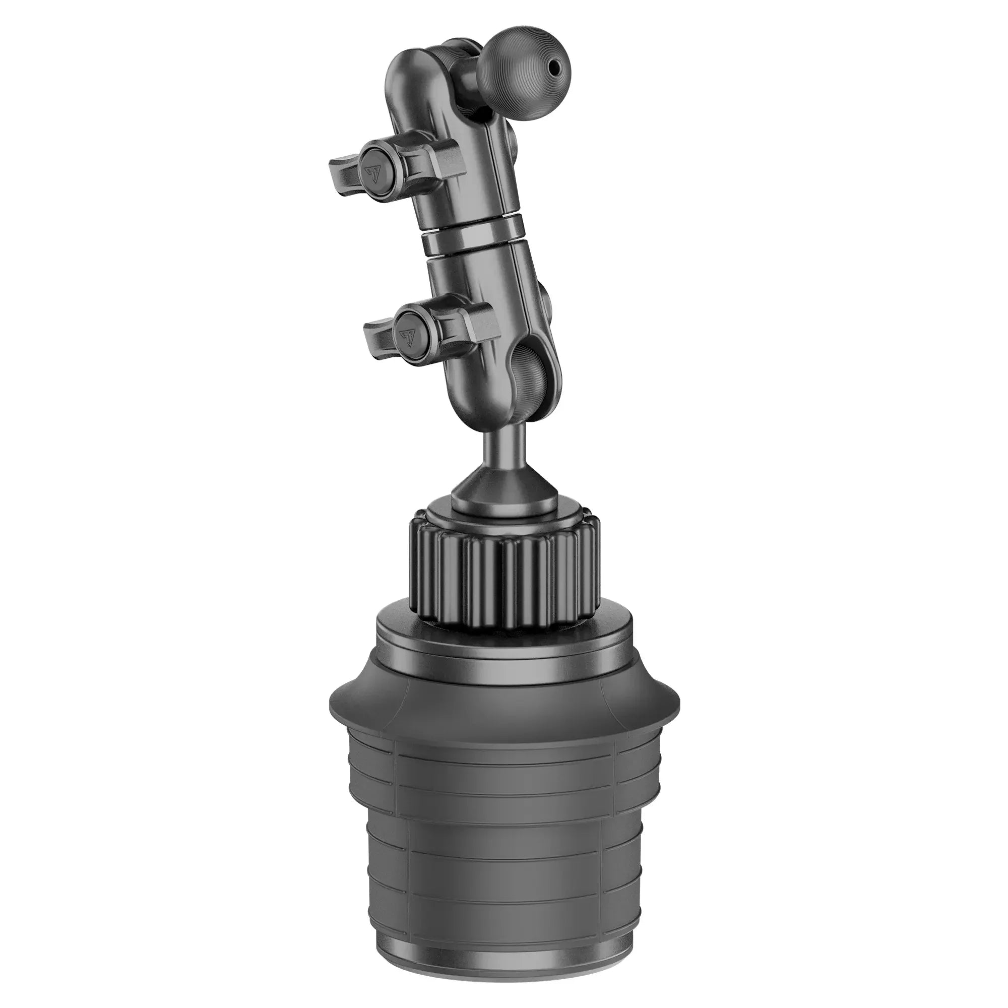 Black modular cup holder phone mount for overlanding vehicles, isolated on white background.