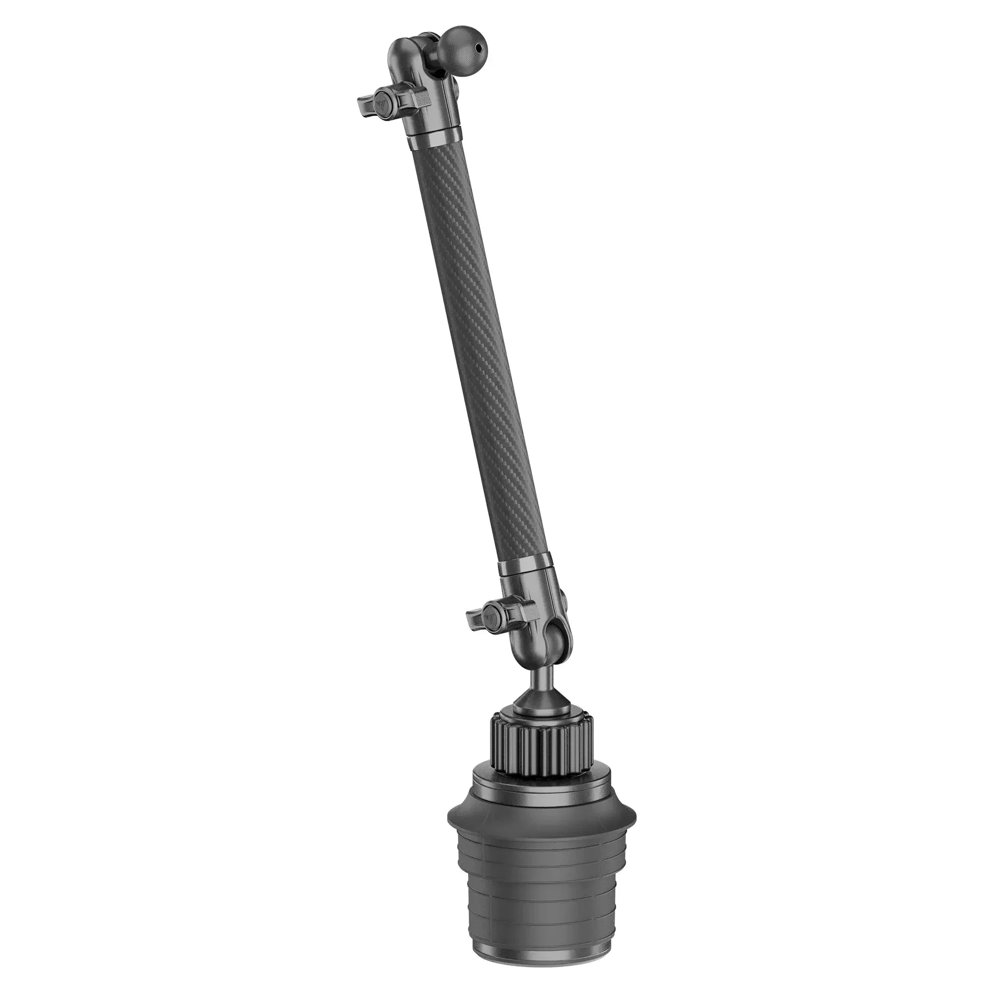 Adjustable carbon fiber vehicle accessory mount with ball-and-socket joints, isolated on white