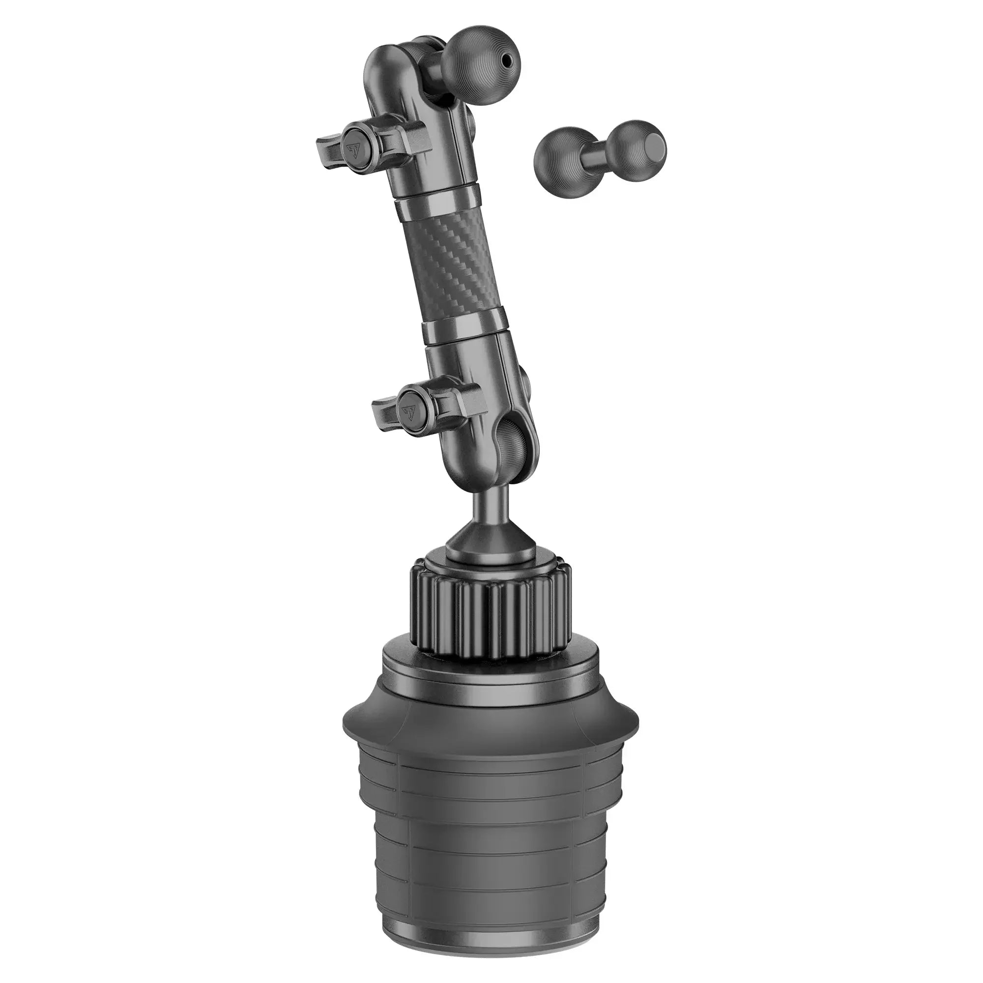 Black adjustable carbon fiber cup holder phone mount with ball joints for offroad vehicles