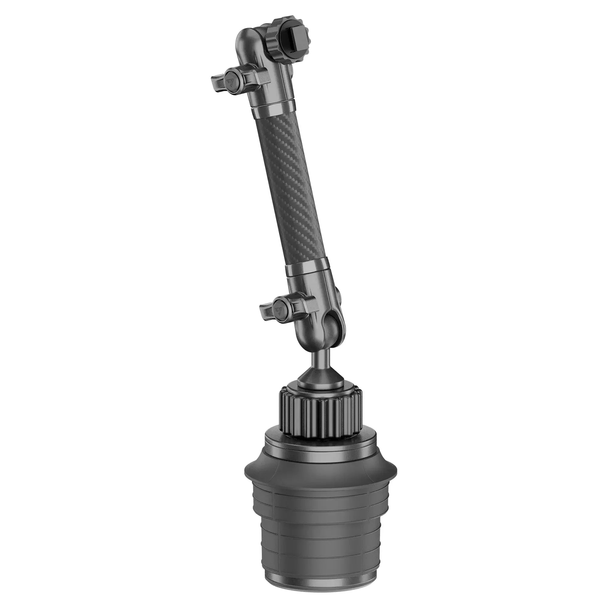 Adjustable black aluminum mount arm accessory for overlanding vehicle gear