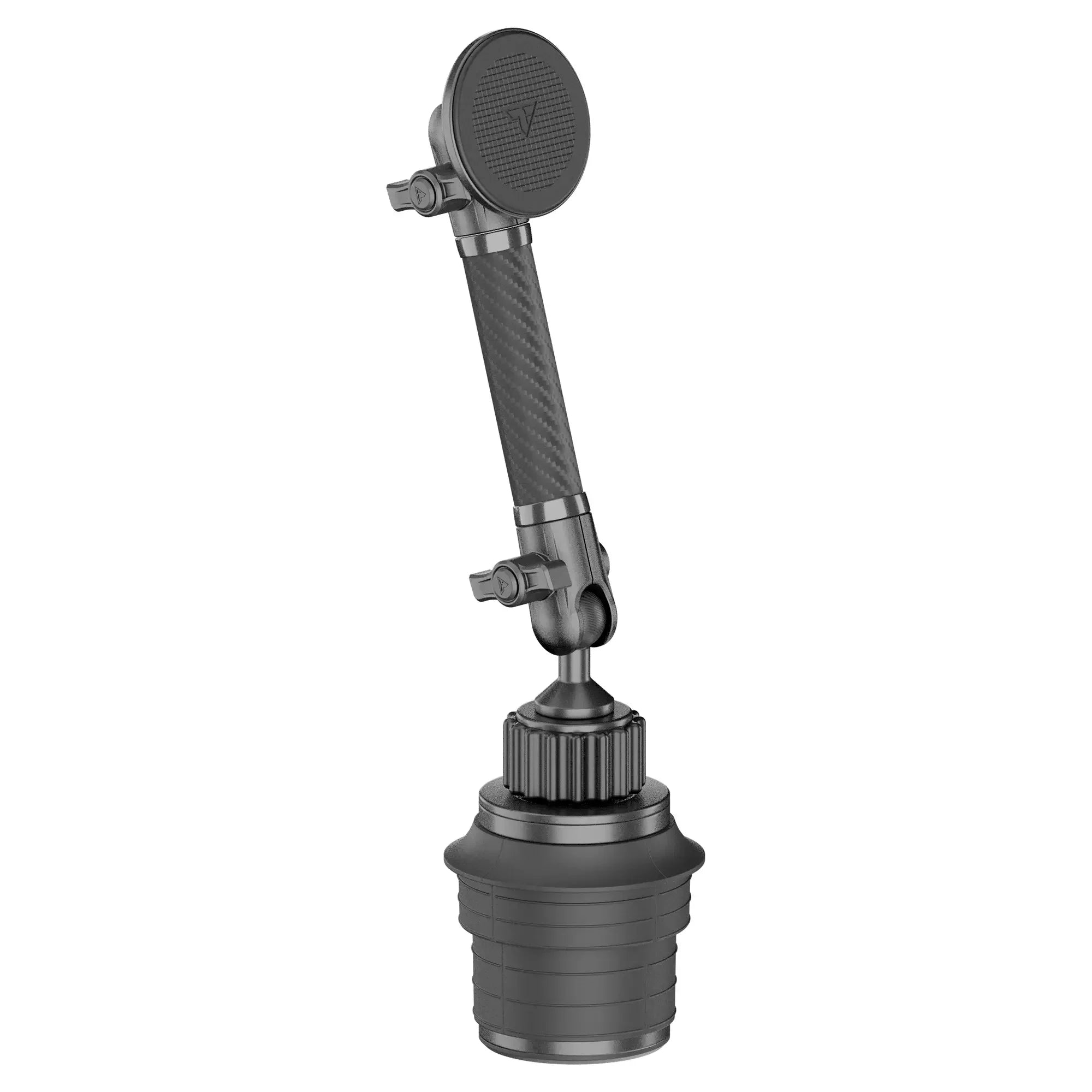 Black adjustable cup holder phone mount with carbon fiber arm for vehicles.