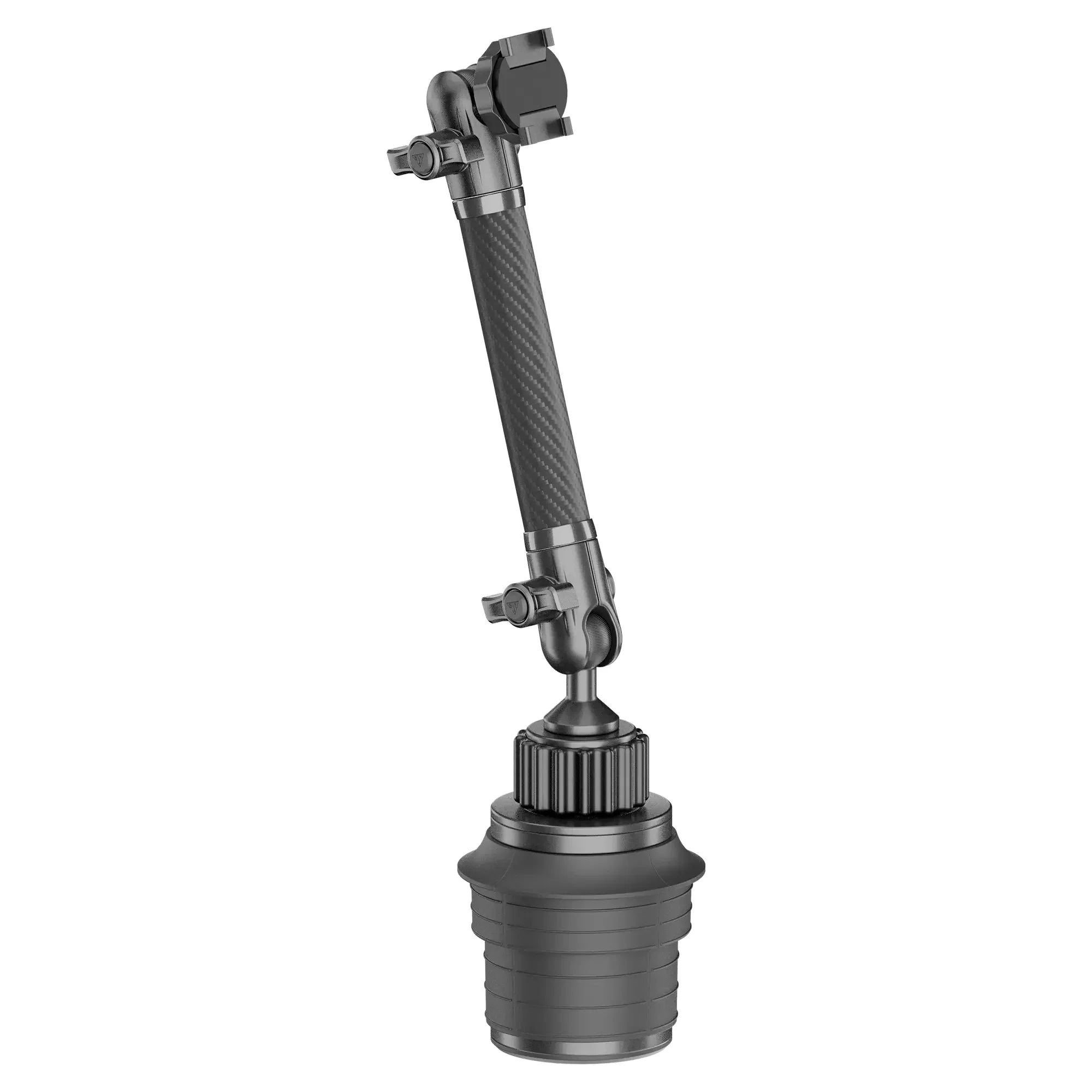 Adjustable carbon fiber cup holder phone mount for overland vehicle interiors