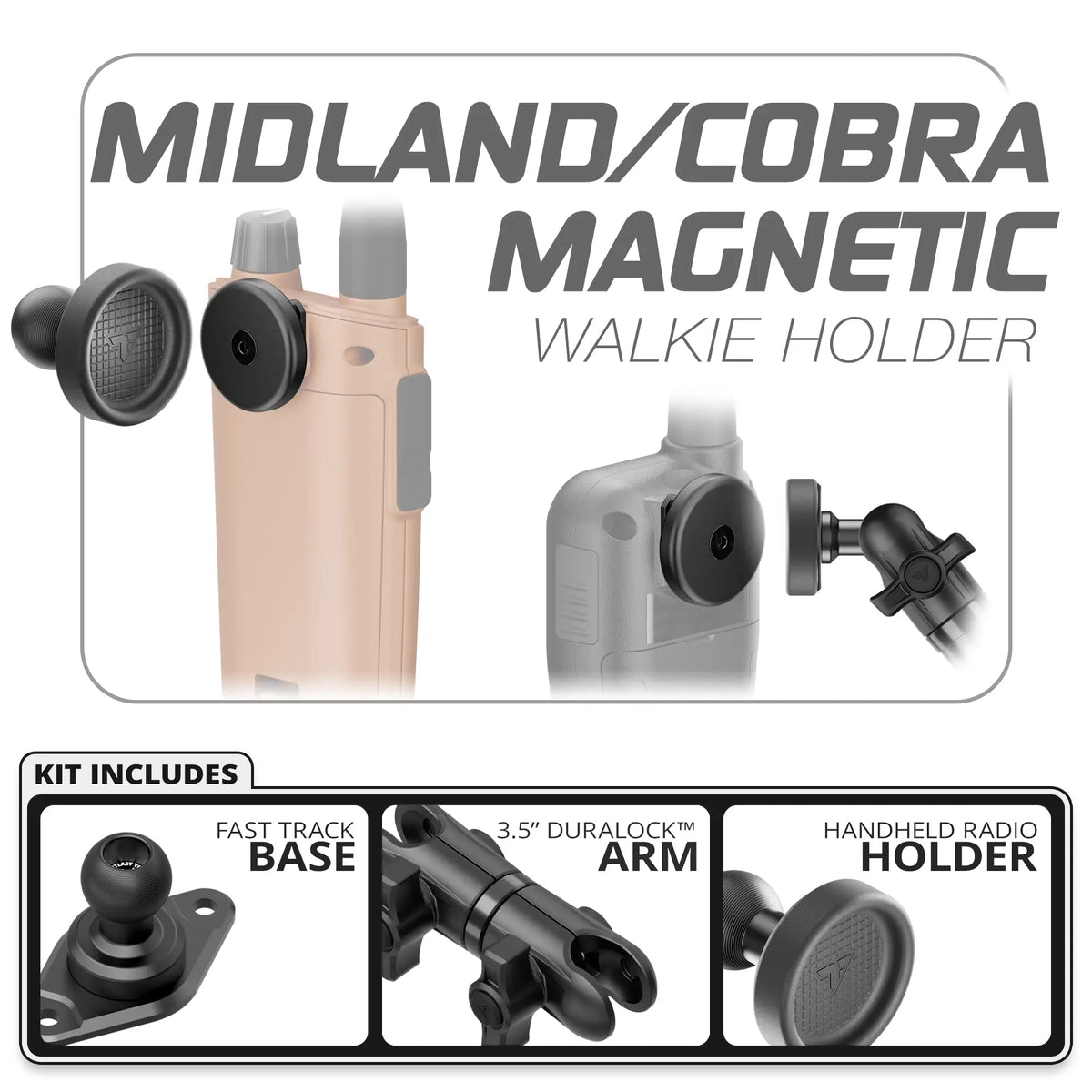 Tackform Midland and Cobra magnetic handheld radio holder, Diamond AMPS base and 3.5" DuraLock arm, universal fit