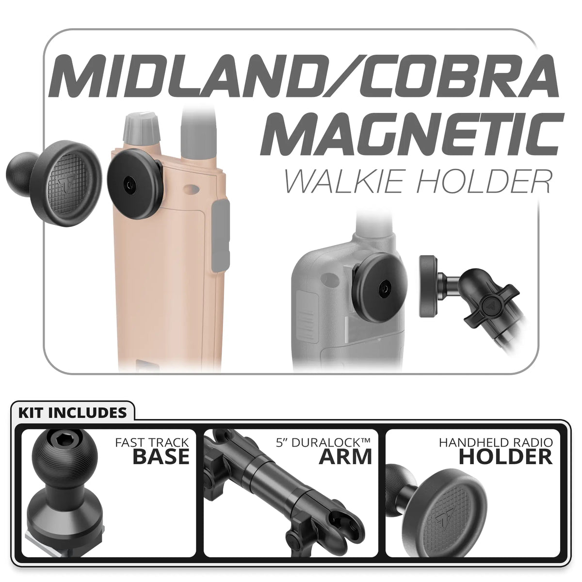 Tackform Midland and Cobra magnetic handheld radio holder with 5 inch DuraLock arm