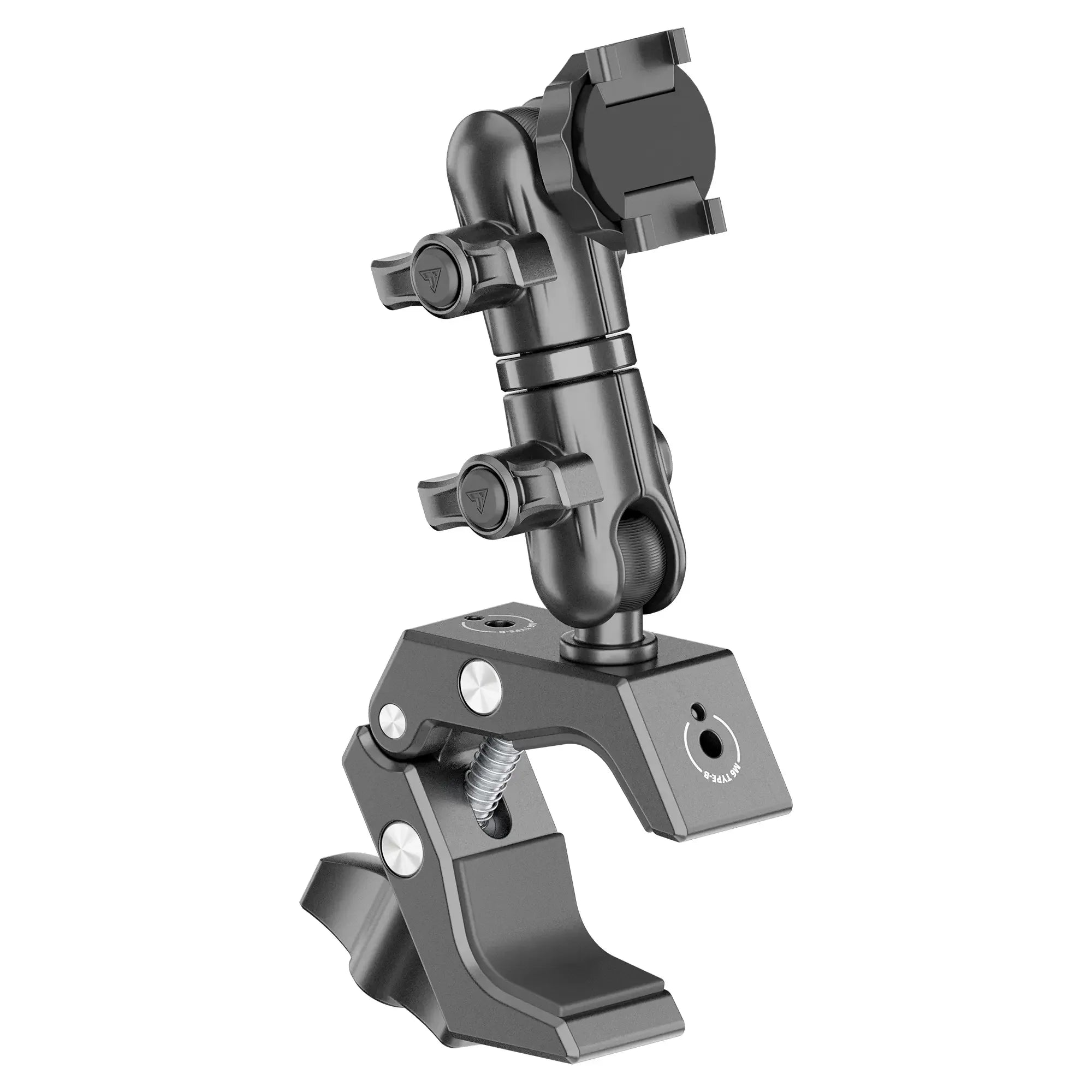 Adjustable black metal clamp mount for overlanding gear and expedition vehicle accessories