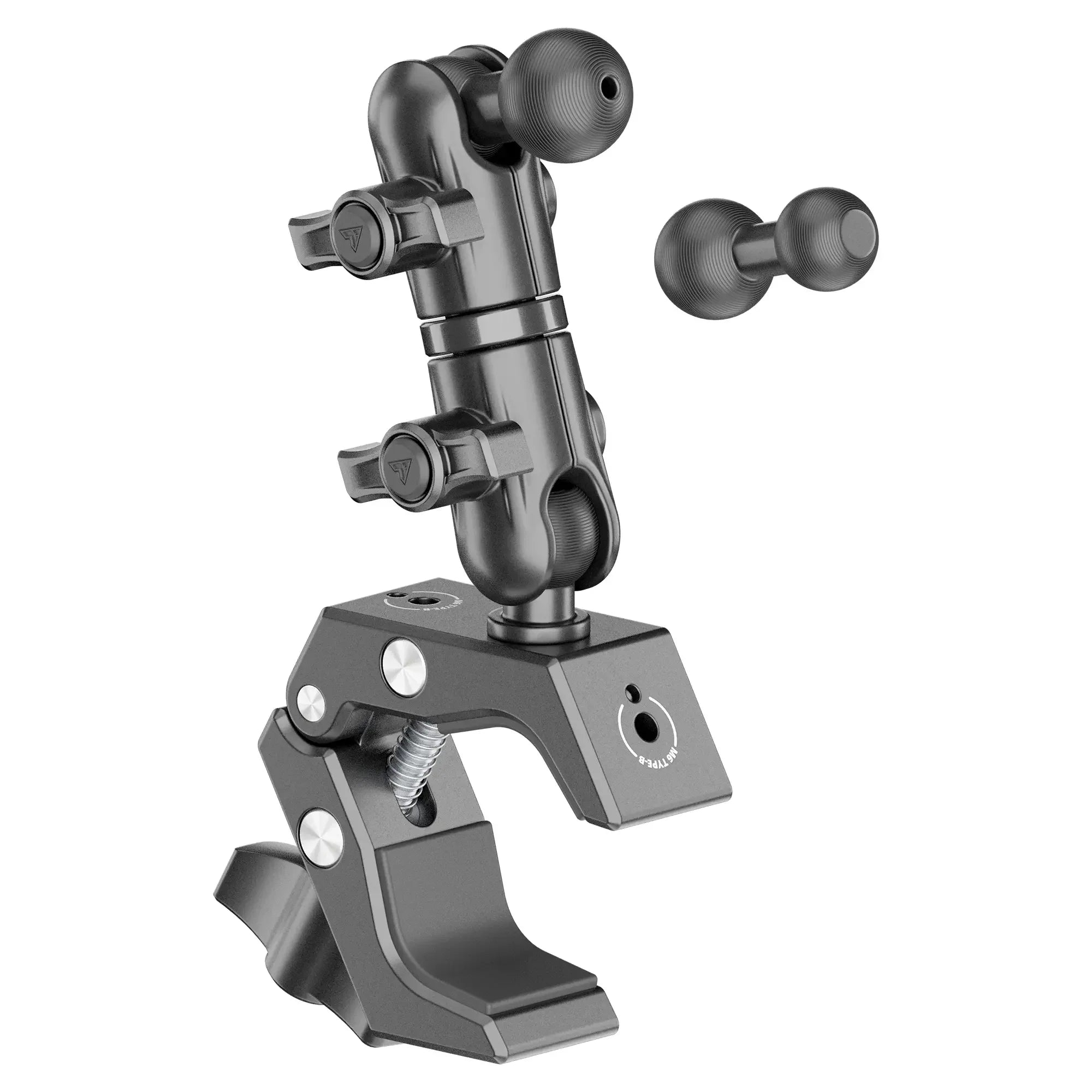 Adjustable metal clamp mount with ball joints for overlanding vehicle accessories