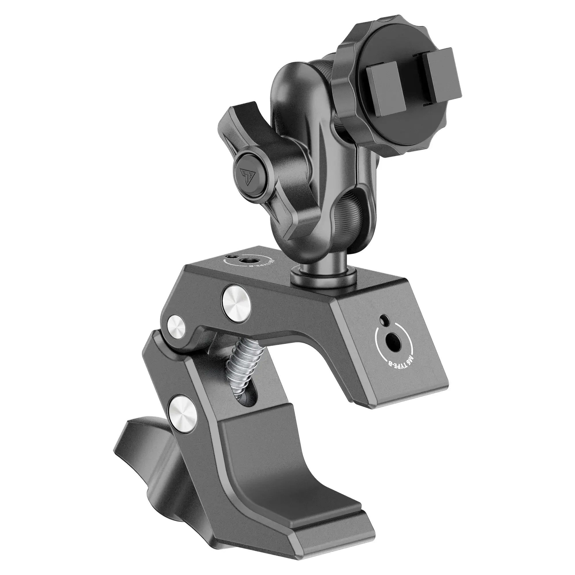 Heavy-duty metal clamp mount with adjustable arm for off-road or adventure vehicle accessories