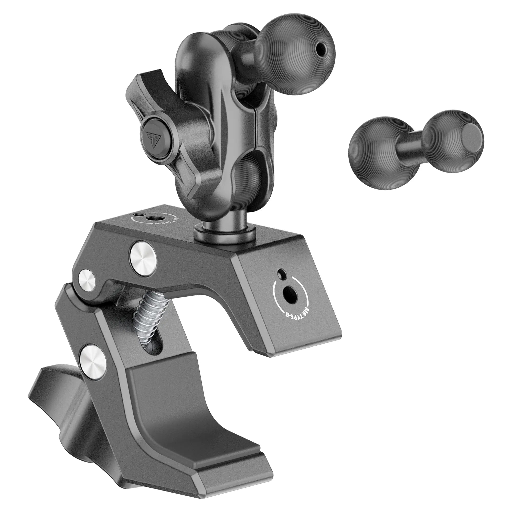 Heavy-duty metal clamp mount with adjustable ball joint for overlanding gear attachment