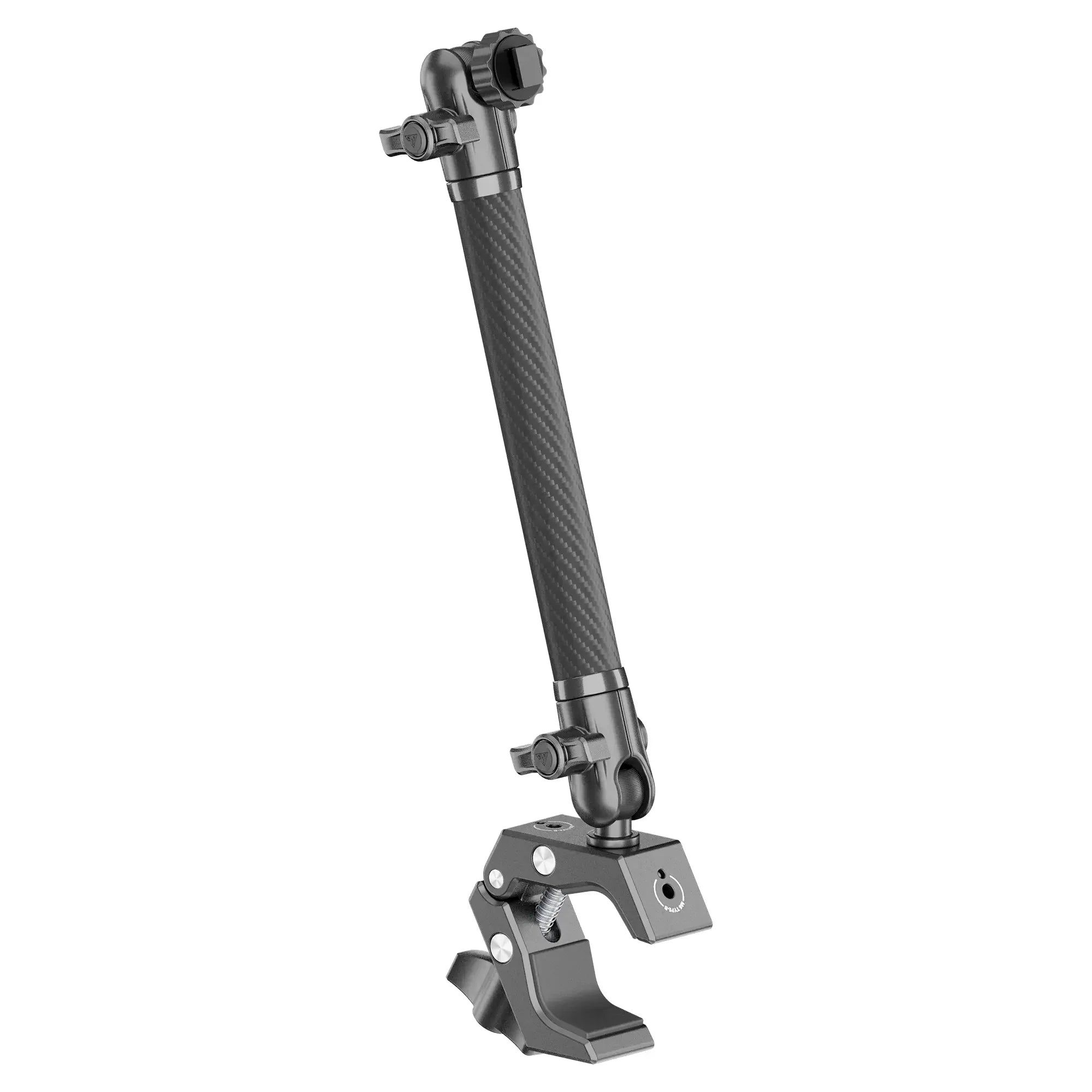 Adjustable black mounting arm with clamp for off-road vehicle accessories