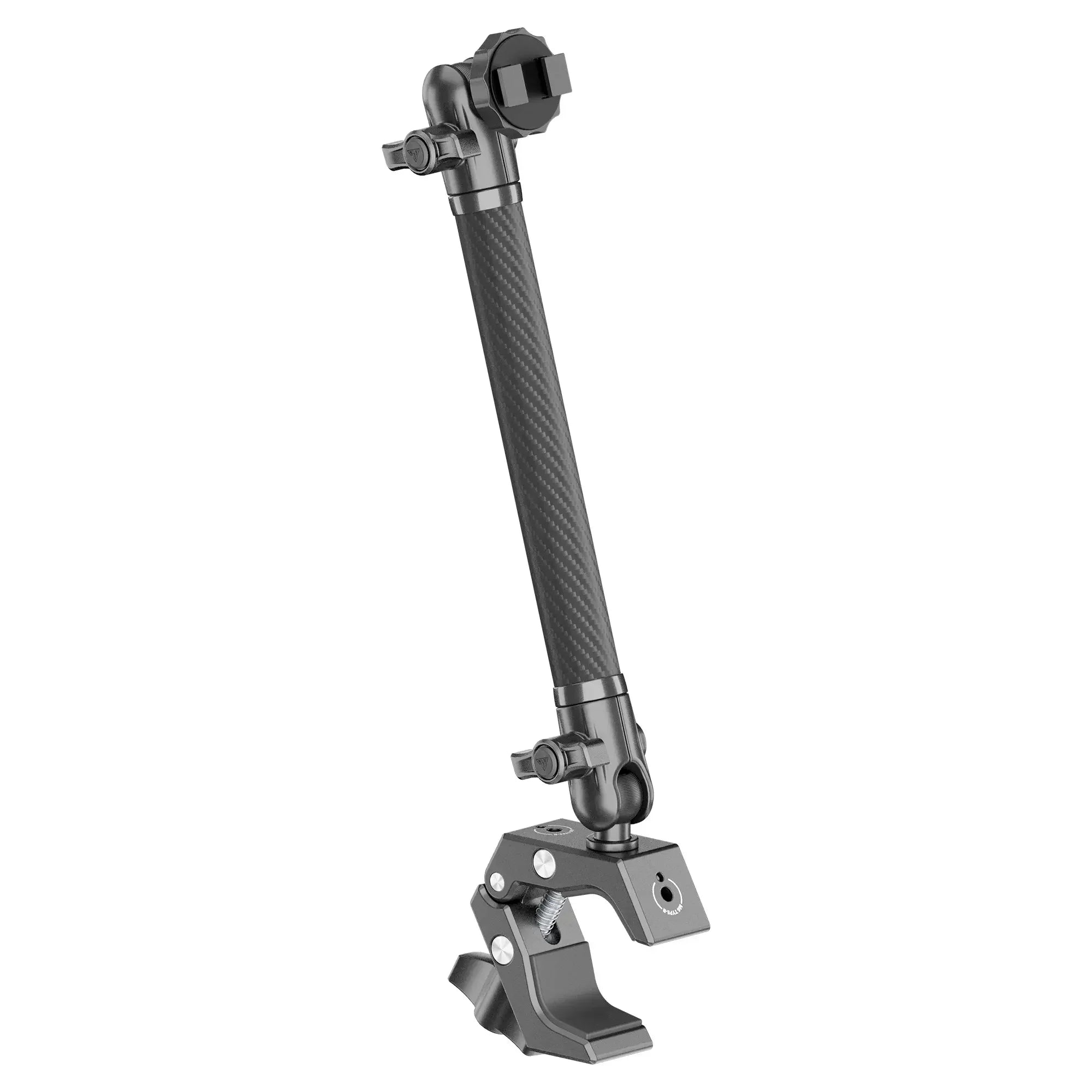 Adjustable carbon fiber mounting arm with clamp for off-road or camping vehicle accessories