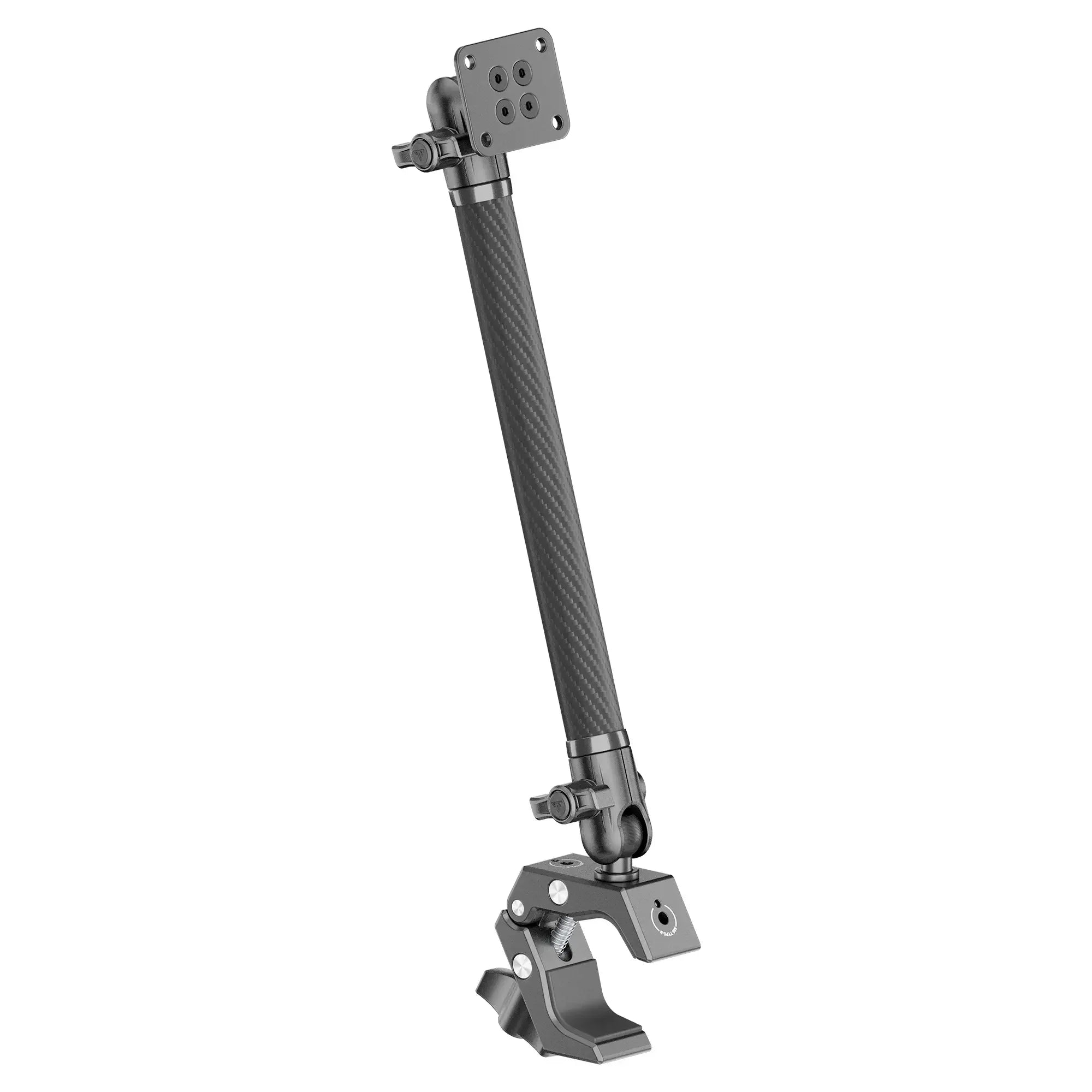 Adjustable carbon fiber vehicle accessory mounting arm with clamp and pivot base