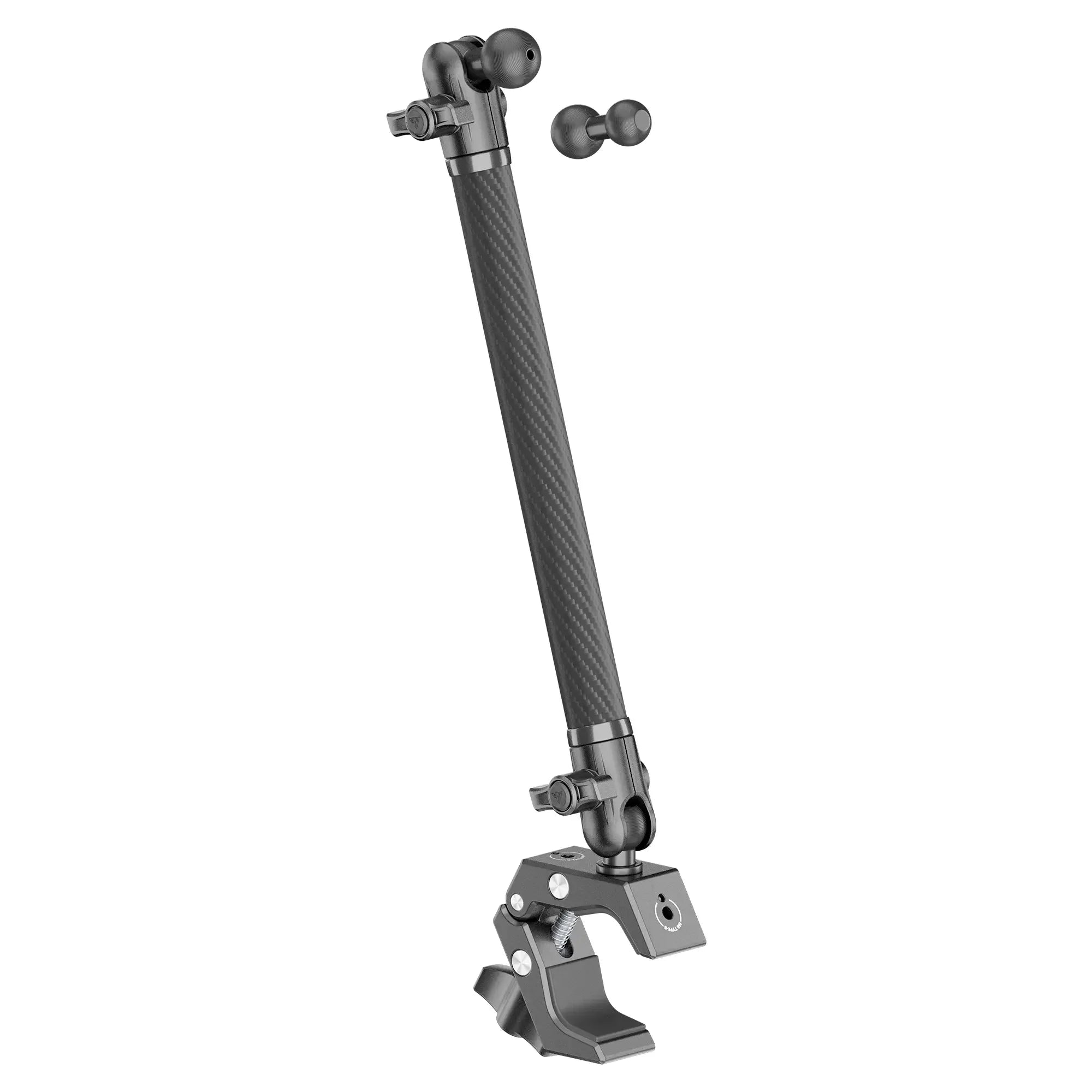 Adjustable carbon fiber vehicle accessory mounting arm with clamp and ball joints